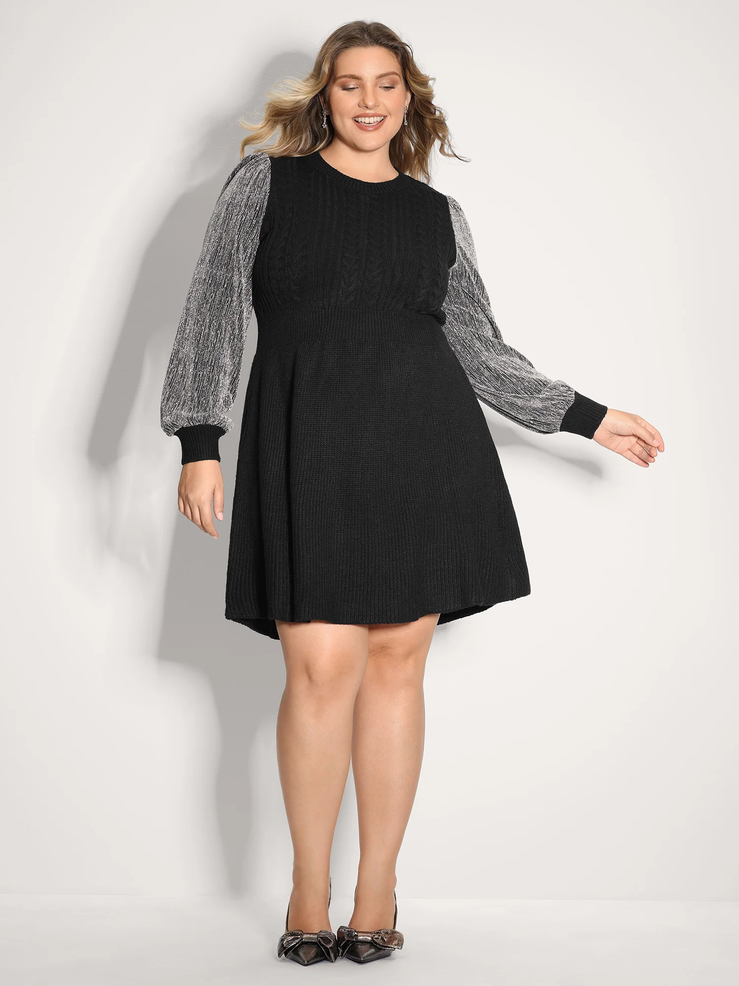 Glitter Textured Contrast Sleeve Midi Sweater Dress - Image 3