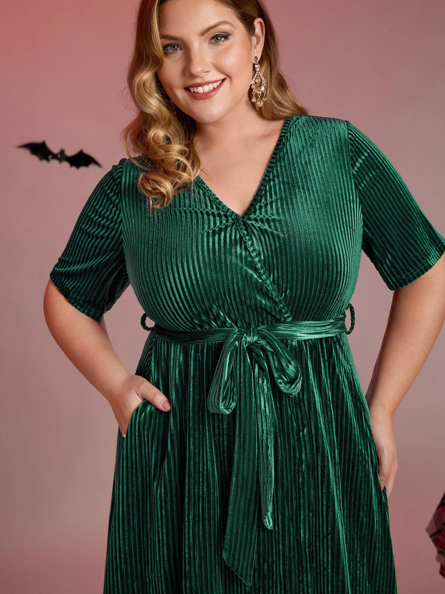 Glossy Textured Velvet Wrap Tied Midi Dress - Image 2