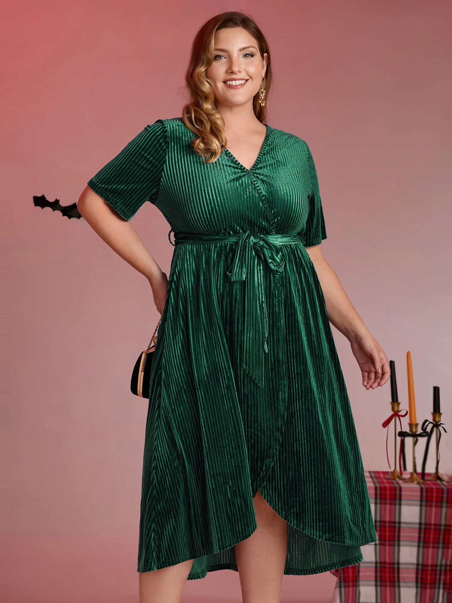 Glossy Textured Velvet Wrap Tied Midi Dress - Image 3