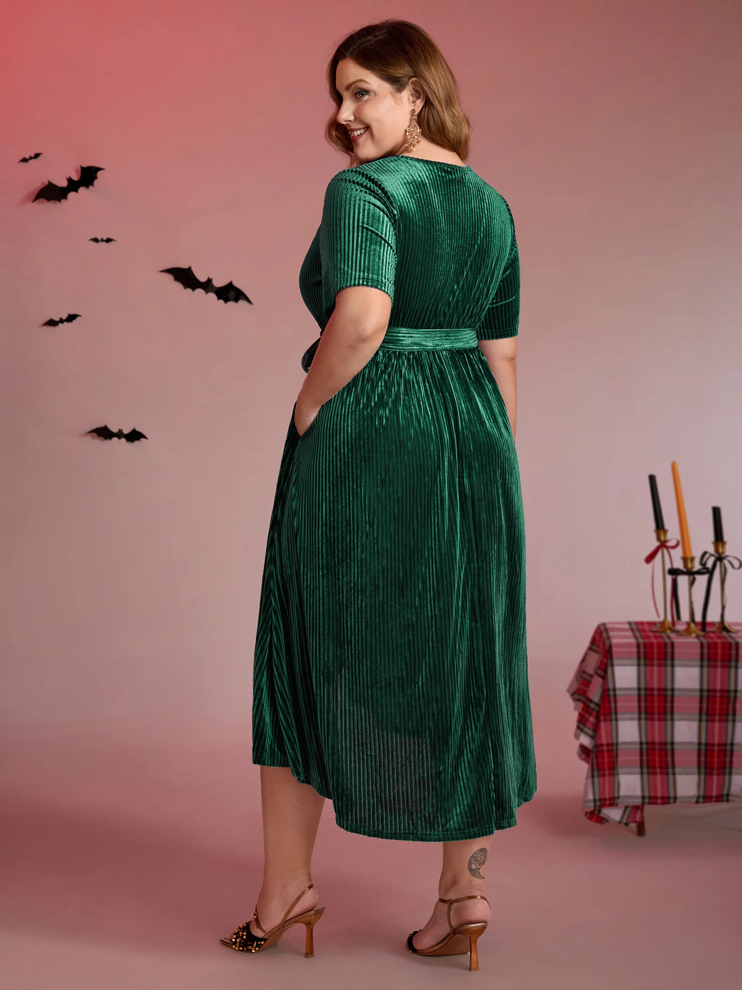 Glossy Textured Velvet Wrap Tied Midi Dress - Image 5