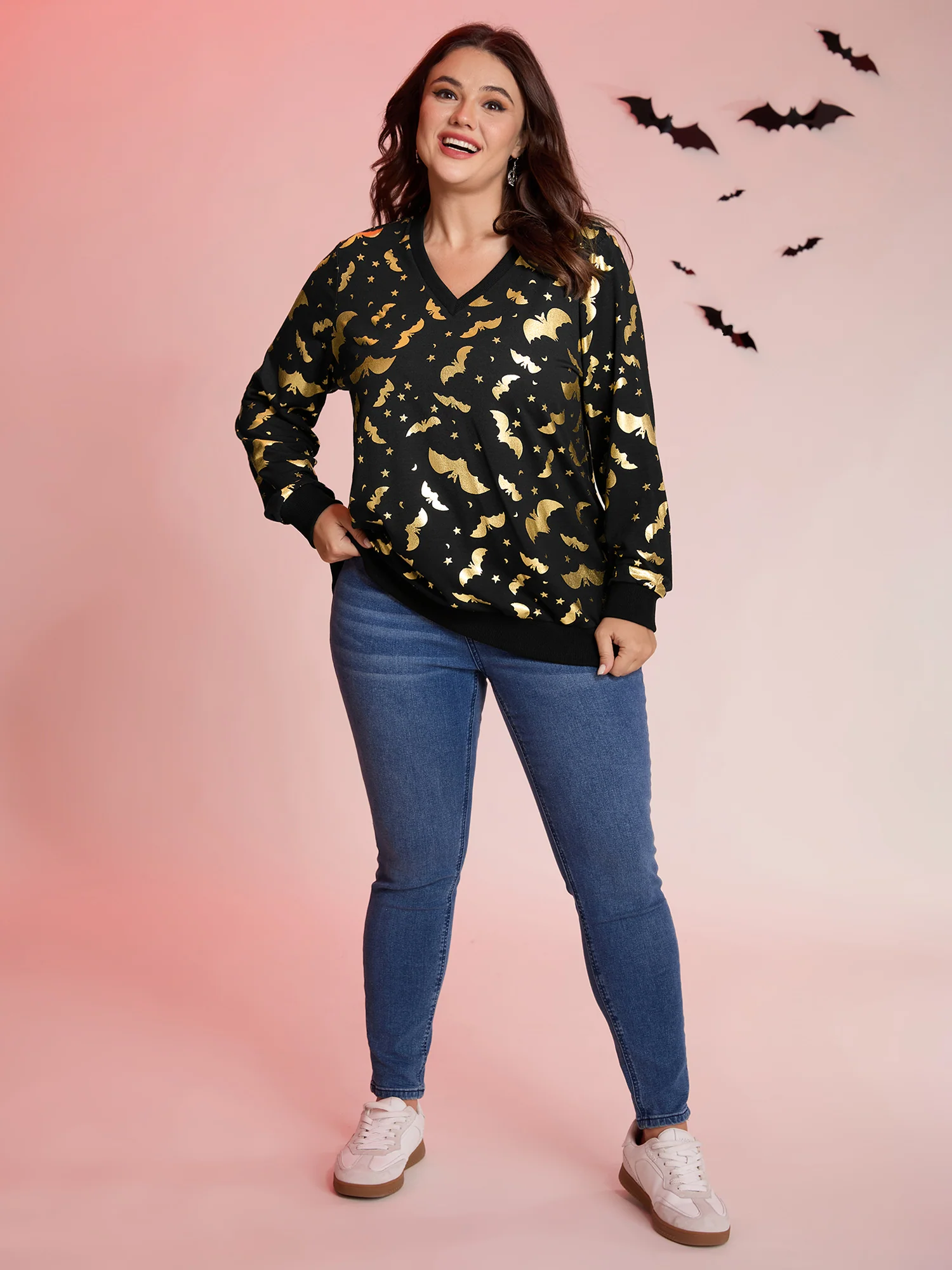 Gold Bat Print Stretchy V-Neck Sweatshirt - Image 3
