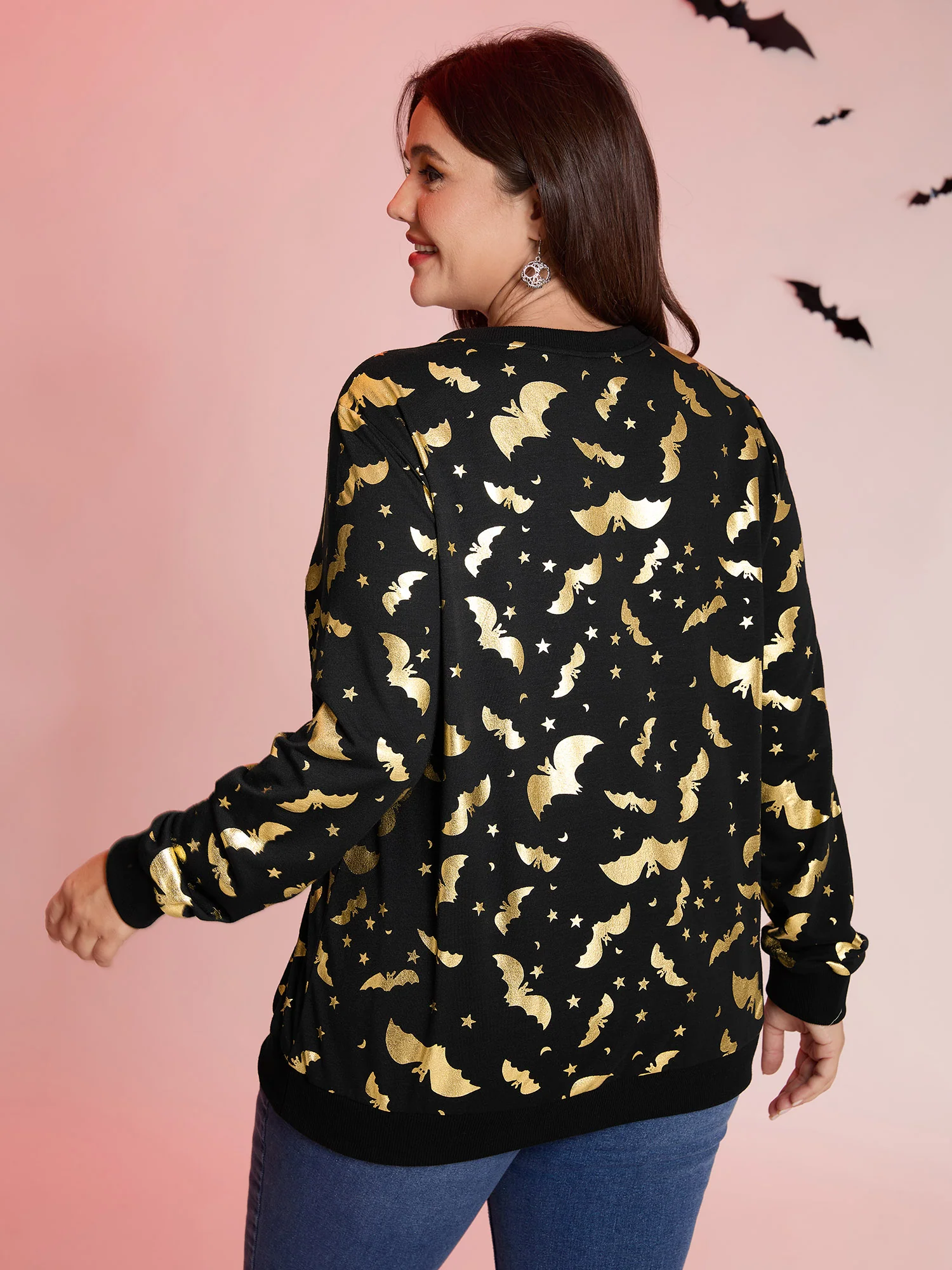 Gold Bat Print Stretchy V-Neck Sweatshirt - Image 4