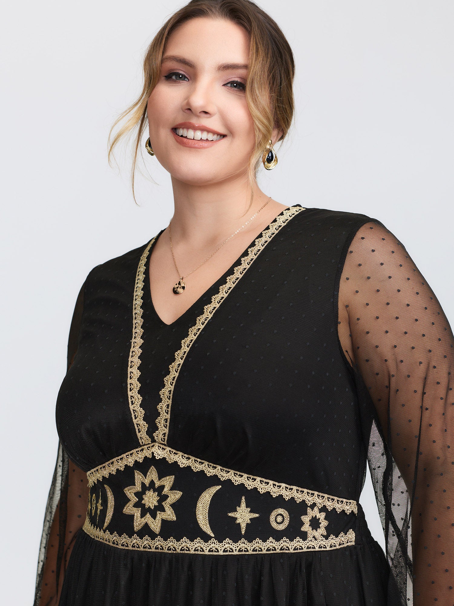 Gold Embroidery Lace Trim Sheer Maxi Dress - Image 2