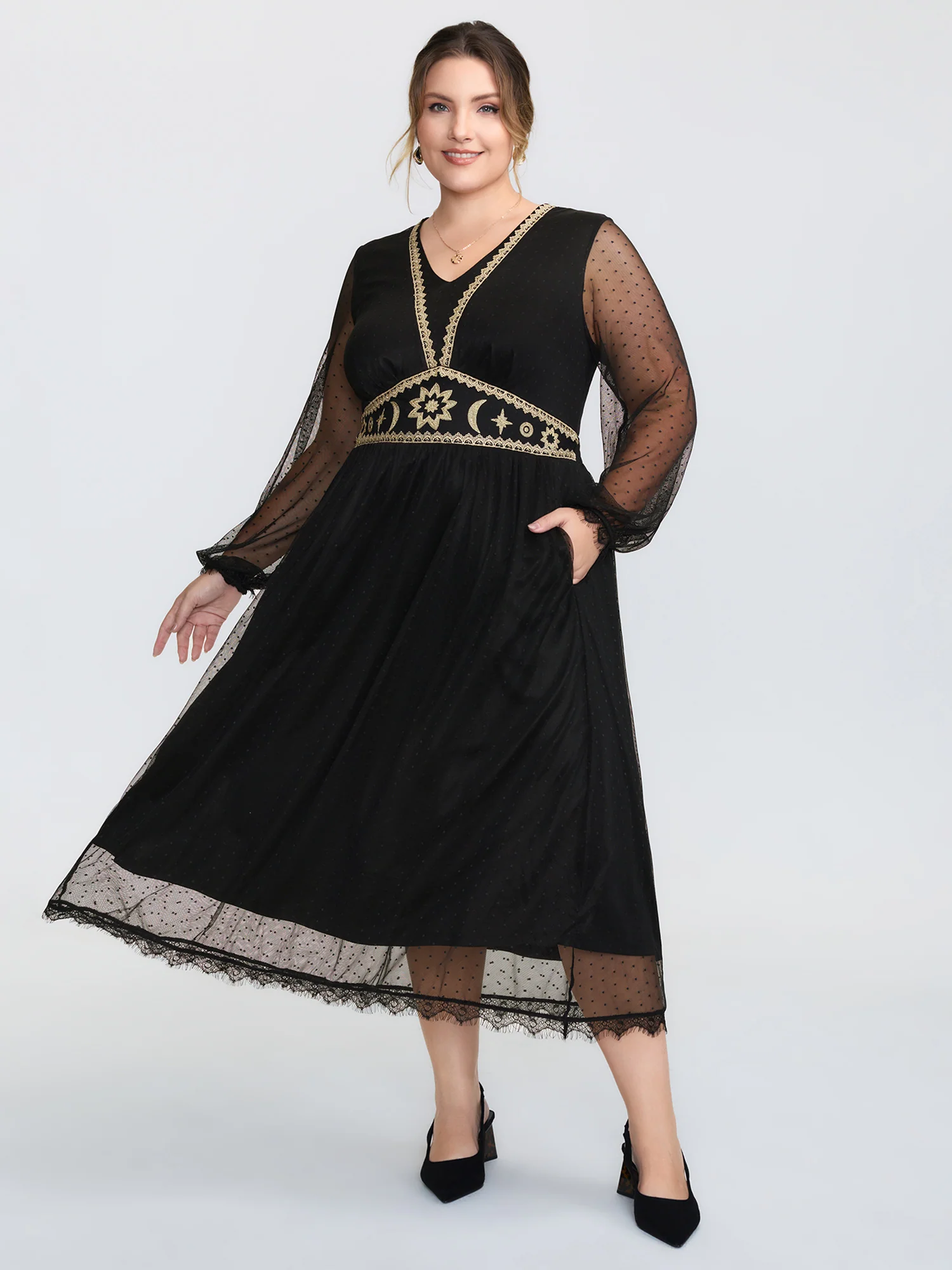 Gold Embroidery Lace Trim Sheer Maxi Dress - Image 3