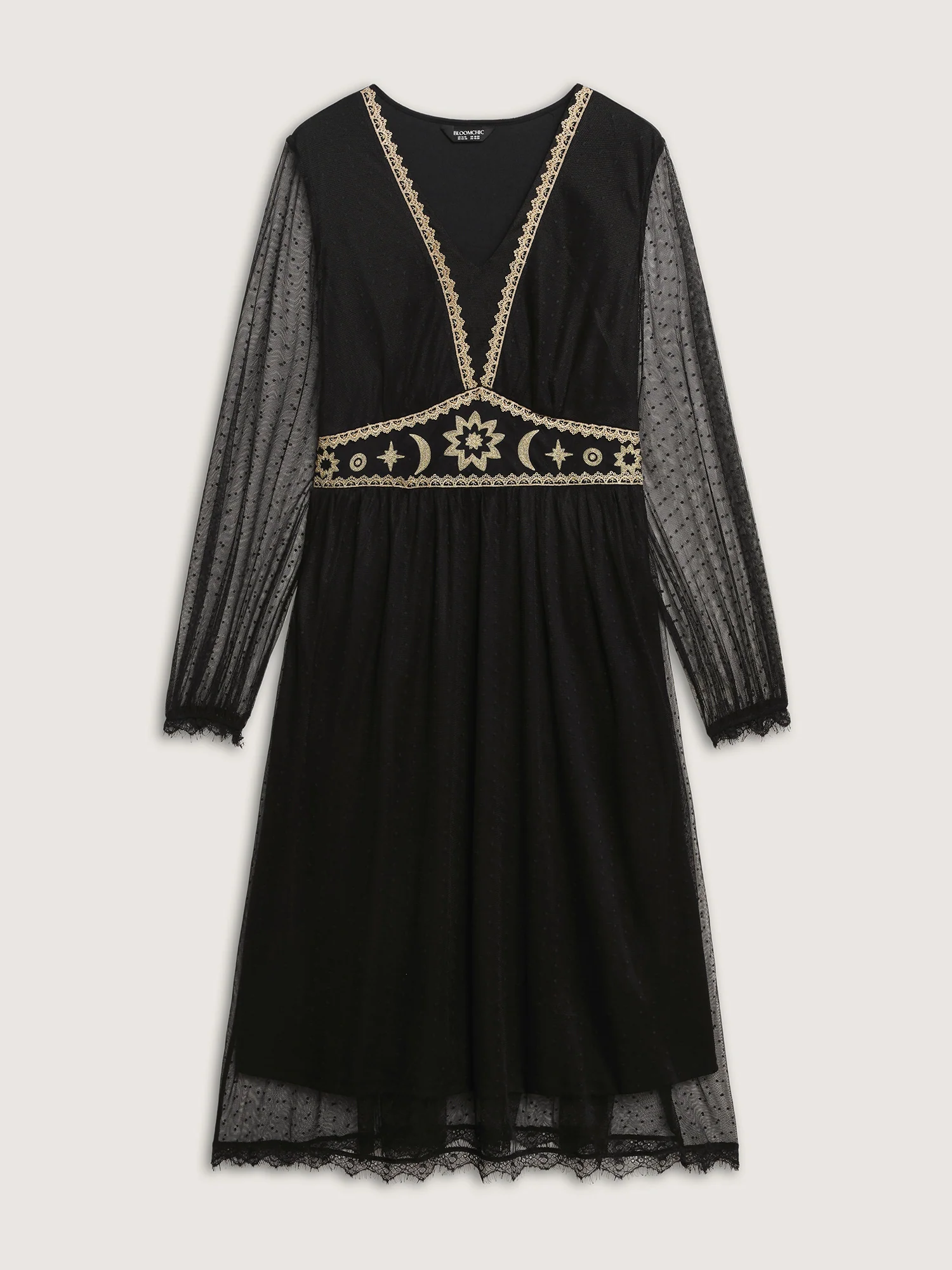 Gold Embroidery Lace Trim Sheer Maxi Dress - Image 7