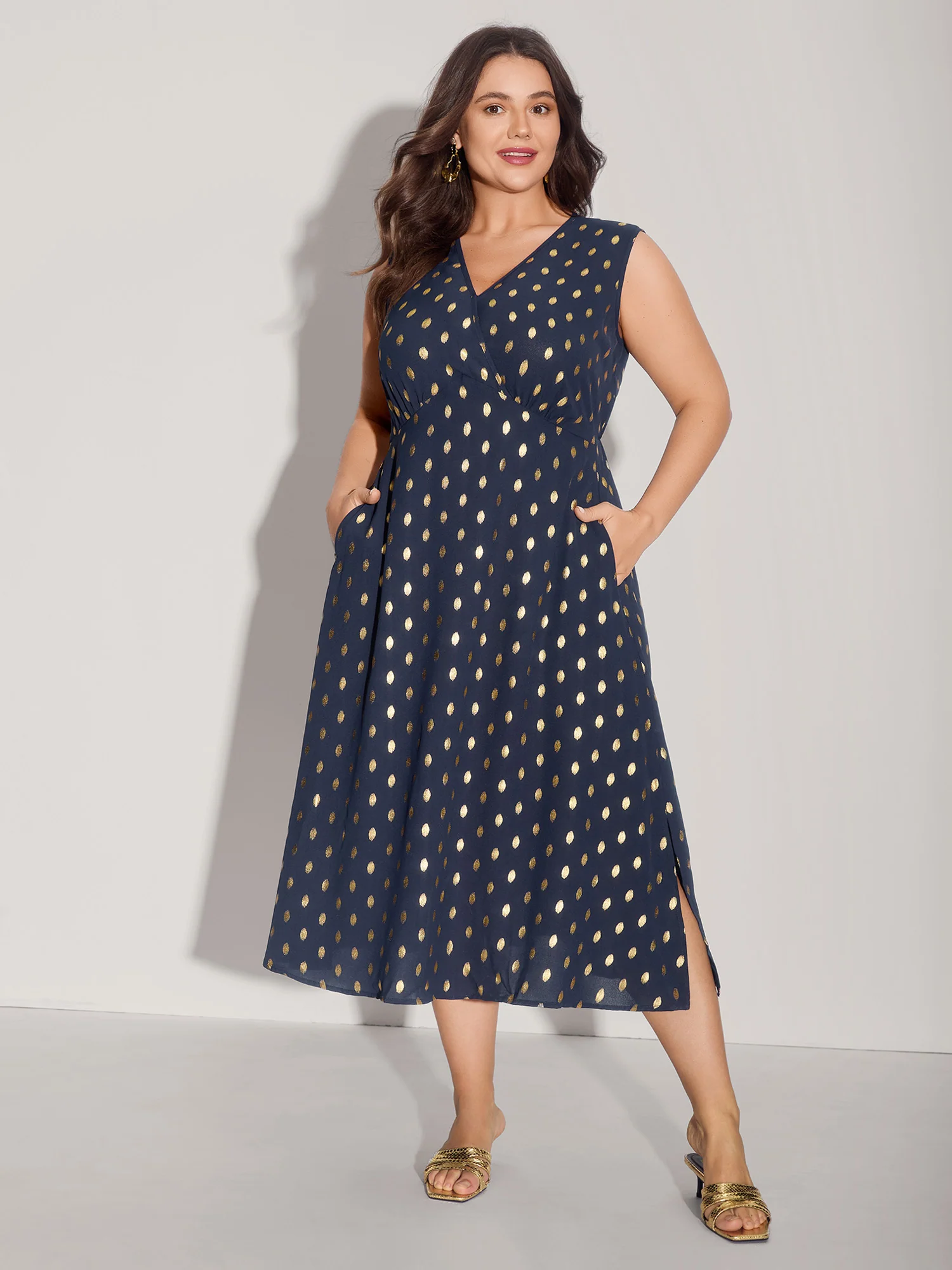 Gold Polka Dots Waist-Defining Midi Dress - Image 3