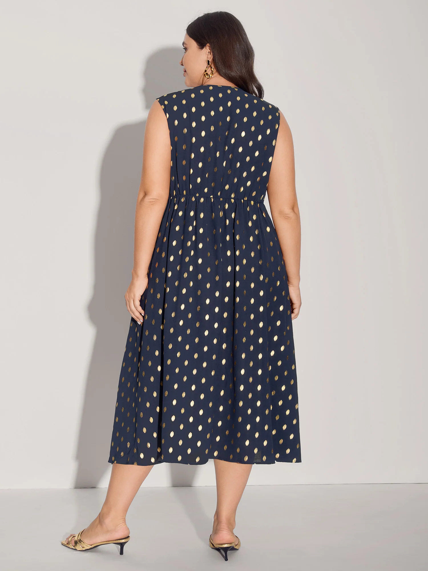 Gold Polka Dots Waist-Defining Midi Dress - Image 4