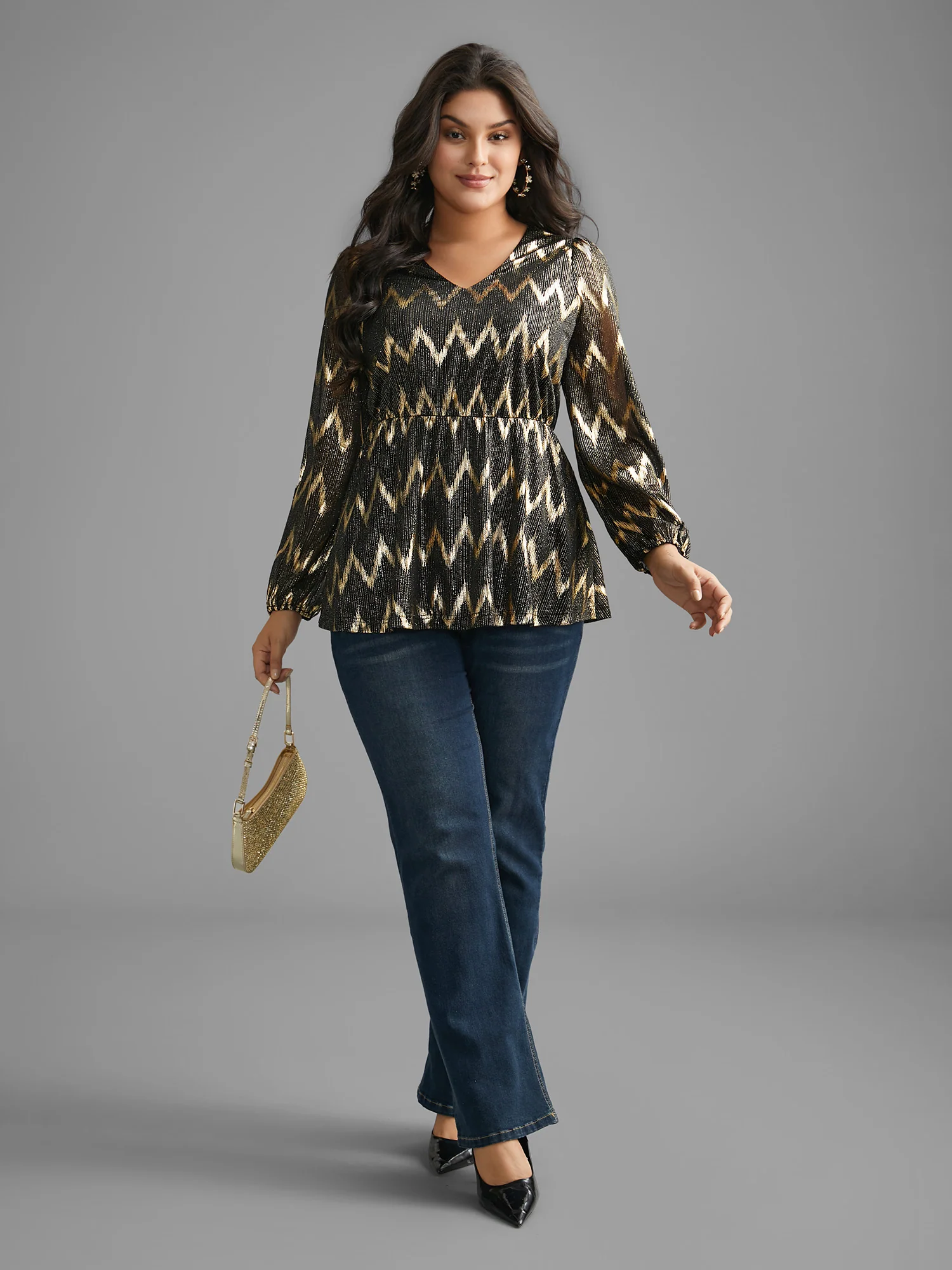 Gold Shimmer Elastic Waist V-neck Blouse - Image 2