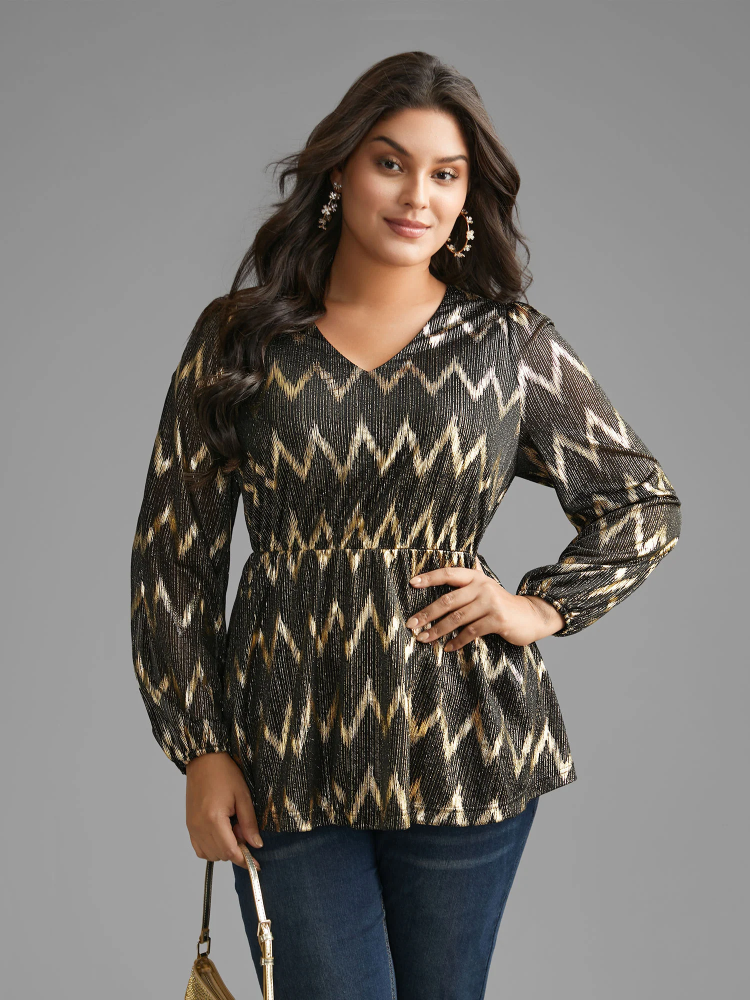 Gold Shimmer Elastic Waist V-neck Blouse - Image 4