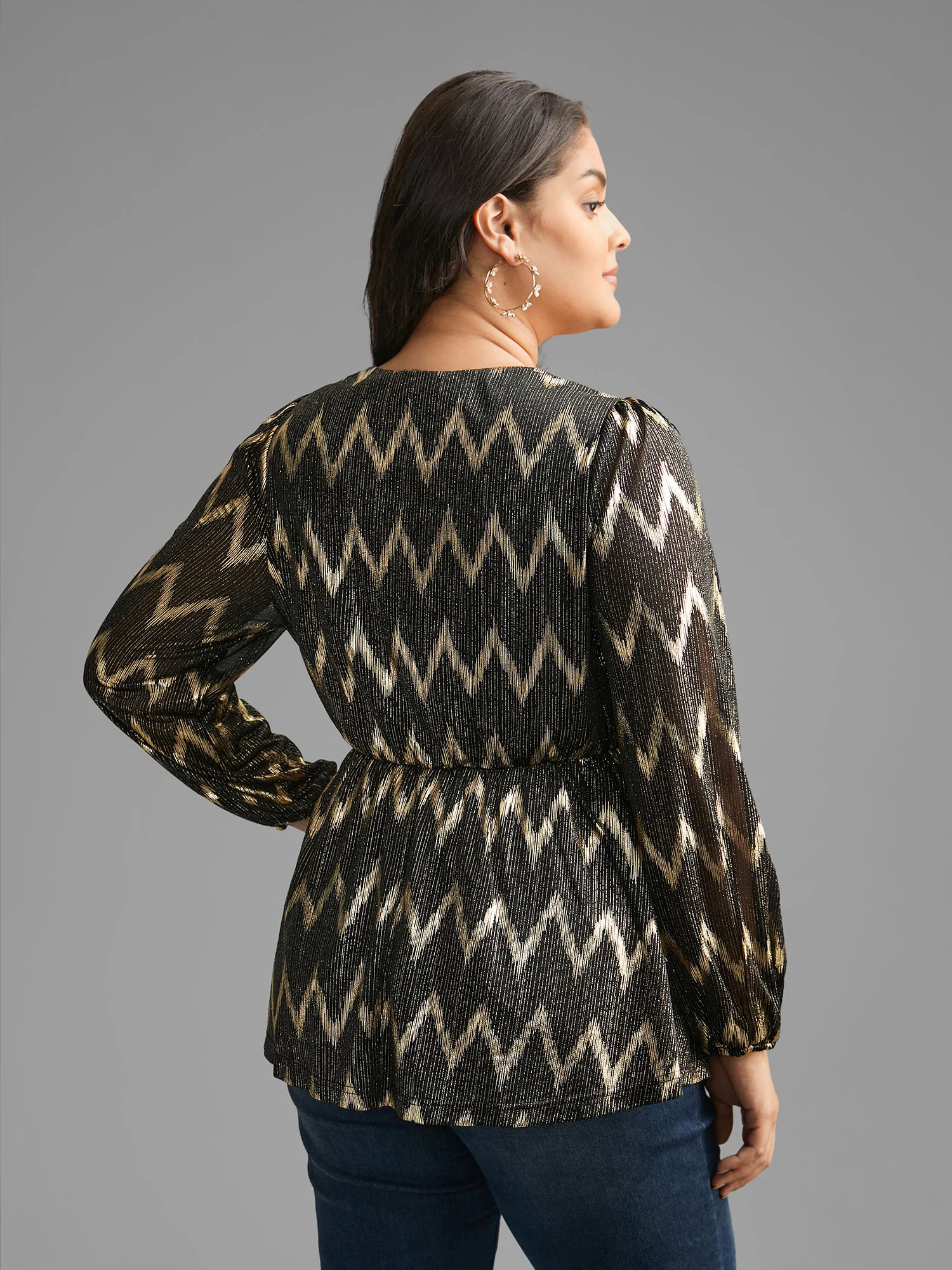 Gold Shimmer Elastic Waist V-neck Blouse - Image 5