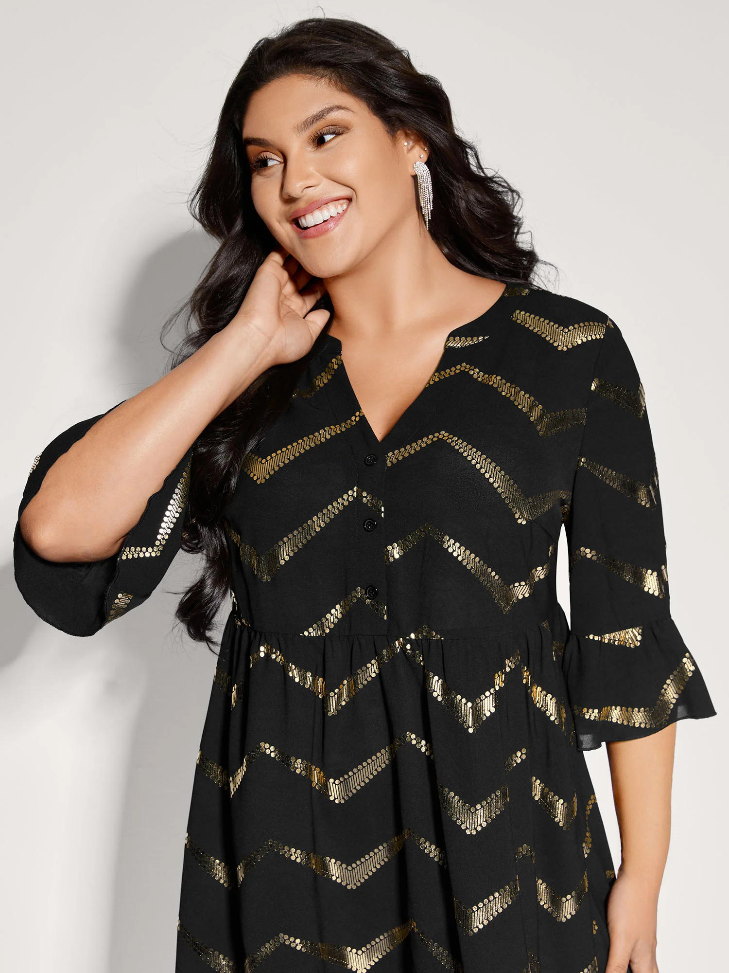 Gold Stamping Wavy Knee-Length Dress - Image 2