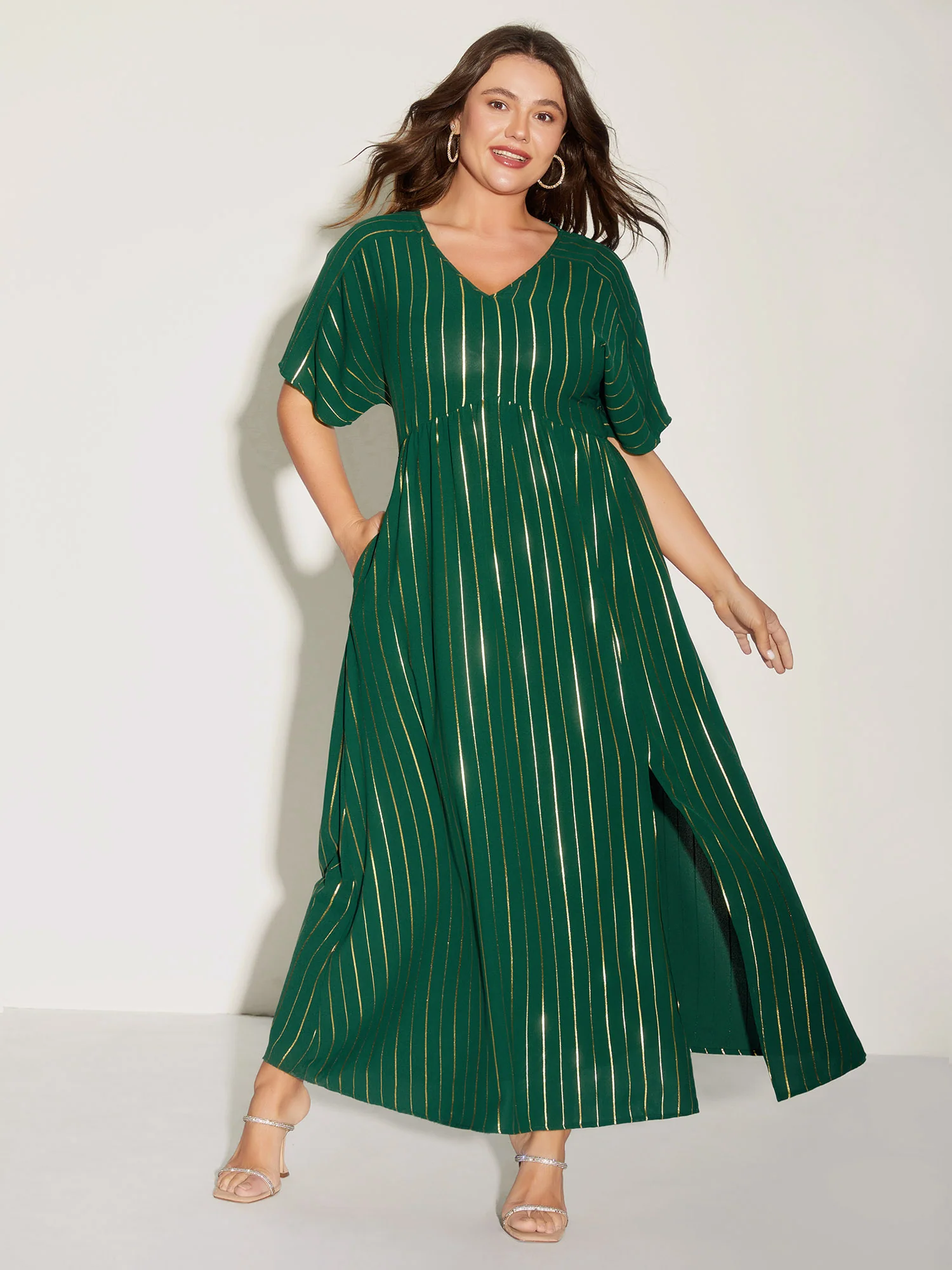 Gold Shimmery Stripes Pockets Midi Dress - Image 3