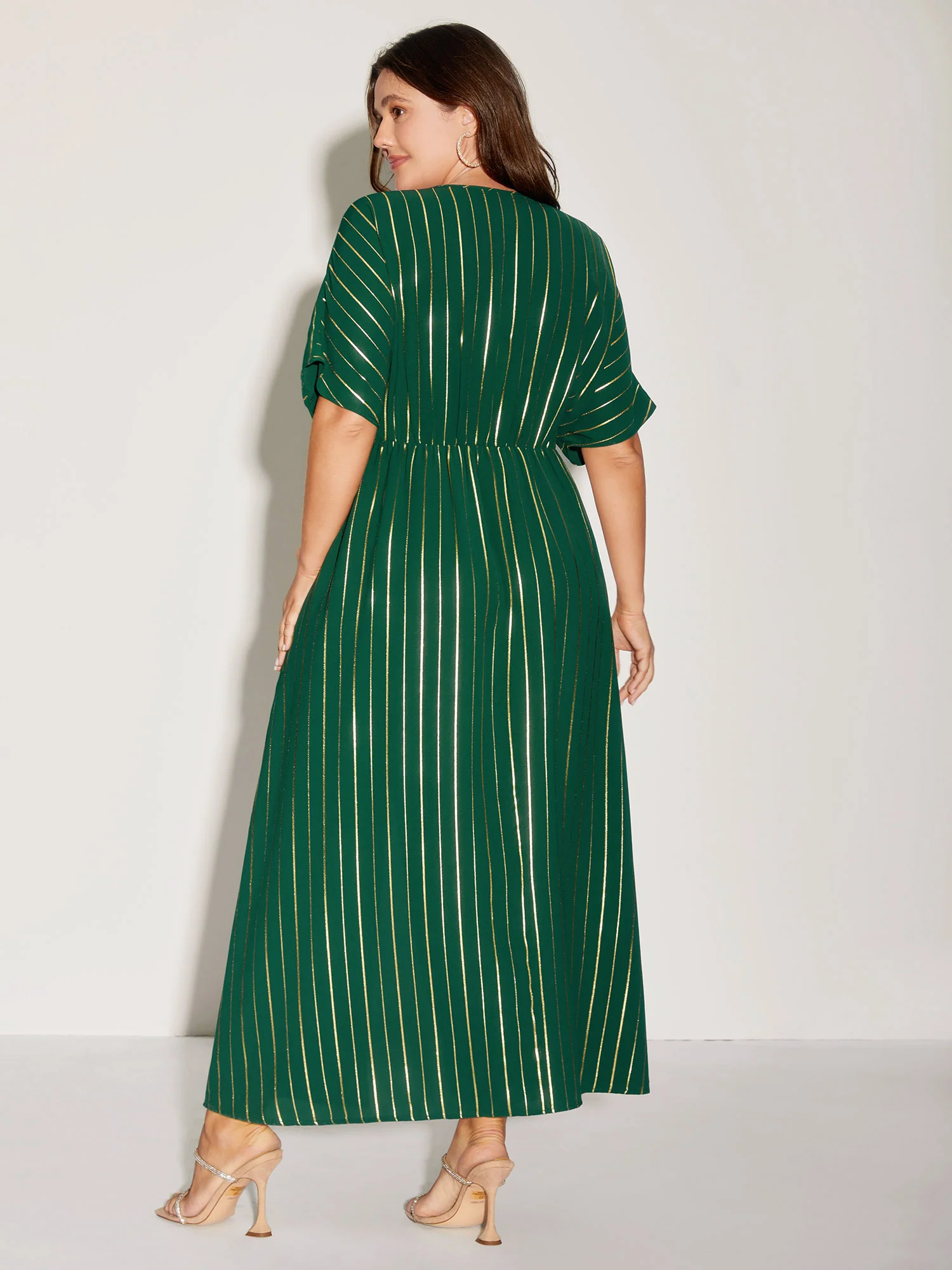 Gold Shimmery Stripes Pockets Midi Dress - Image 4
