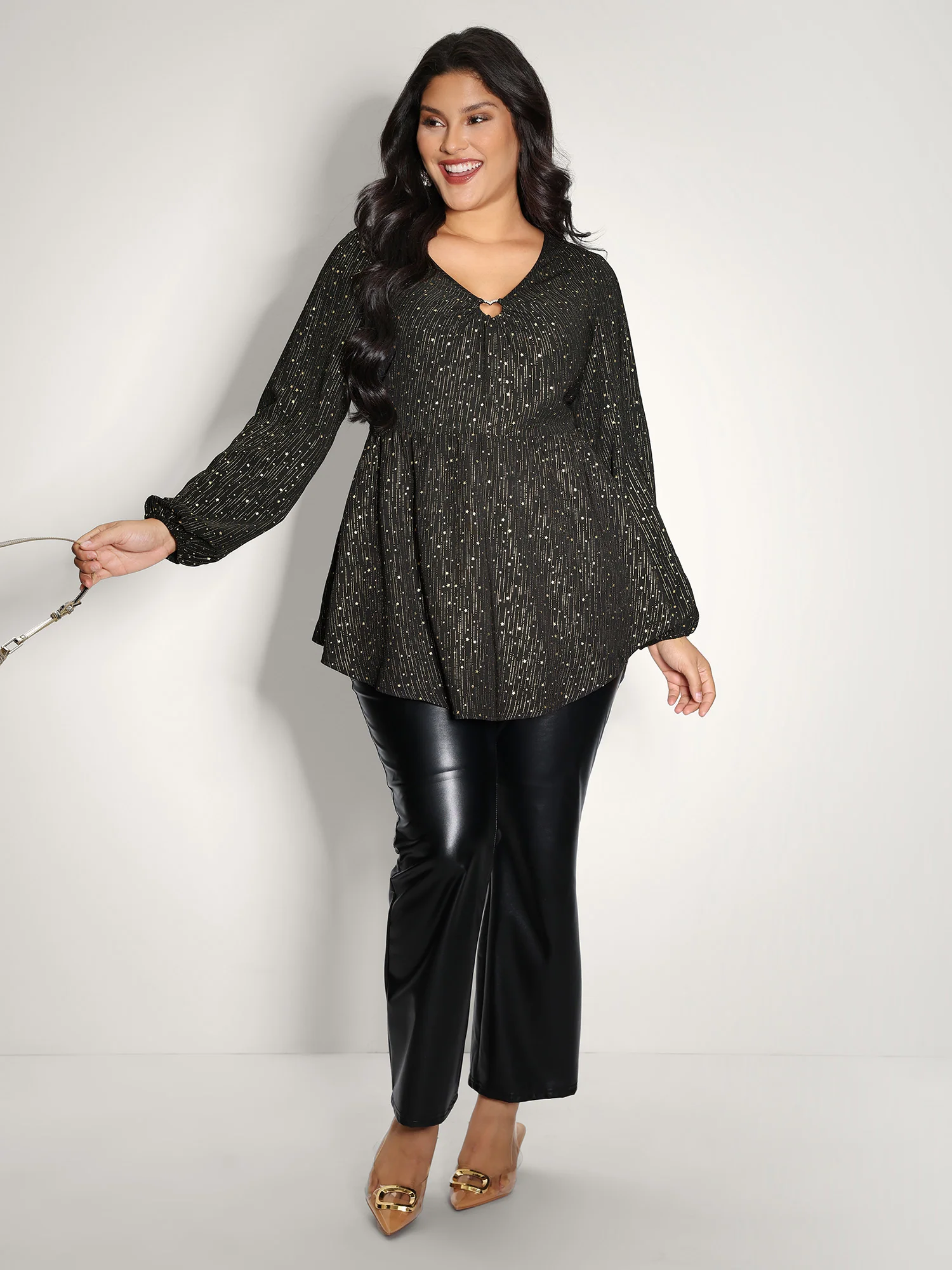 Gold Stamp Ruched Neckline Flowy Blouse - Image 2