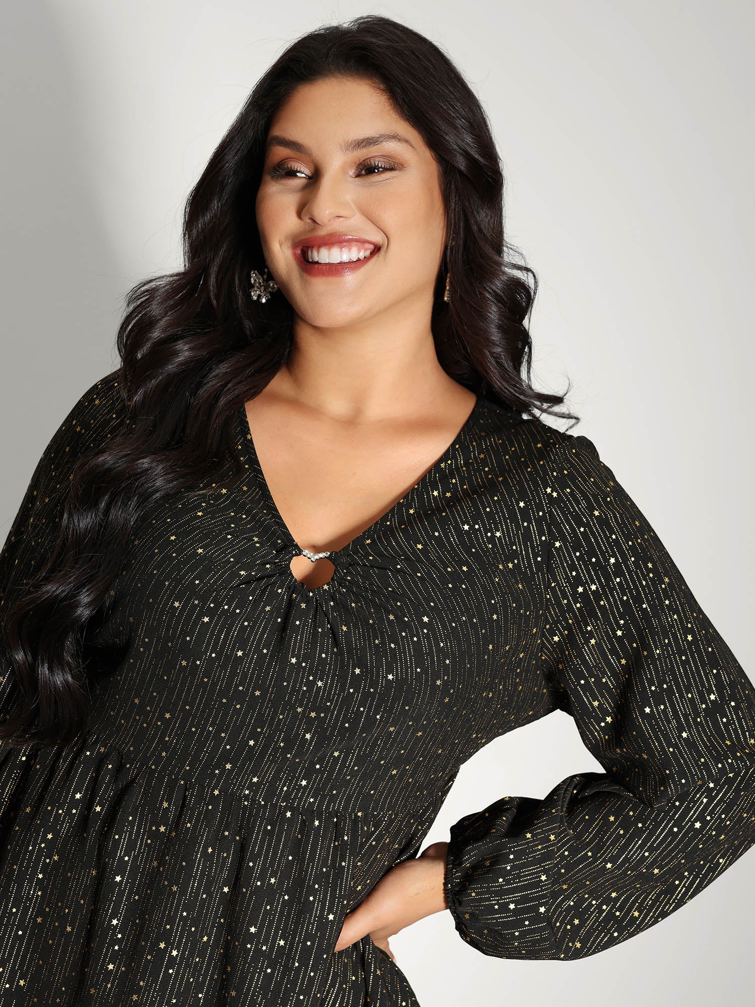 Gold Stamp Ruched Neckline Flowy Blouse - Image 3