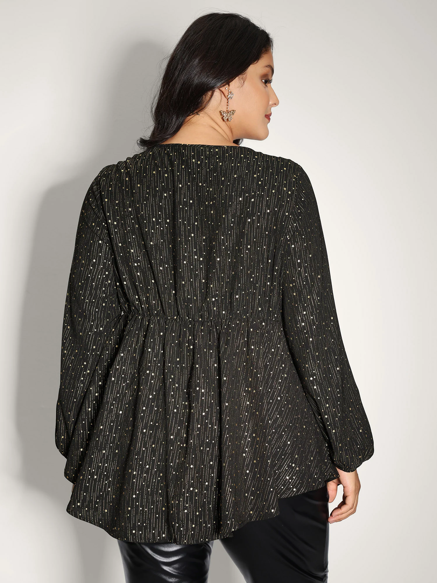 Gold Stamp Ruched Neckline Flowy Blouse - Image 4
