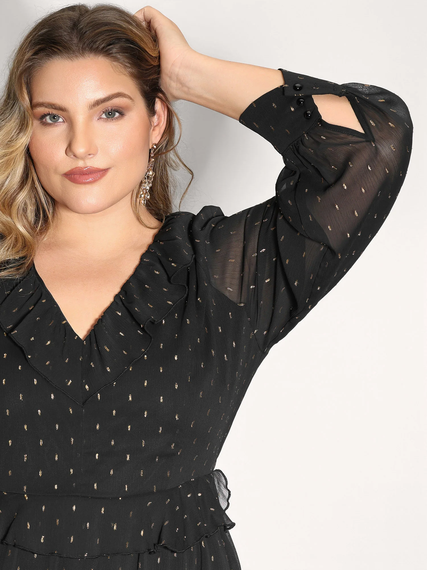 Gold Stamp Ruffled Neck Maxi Dress - Image 3