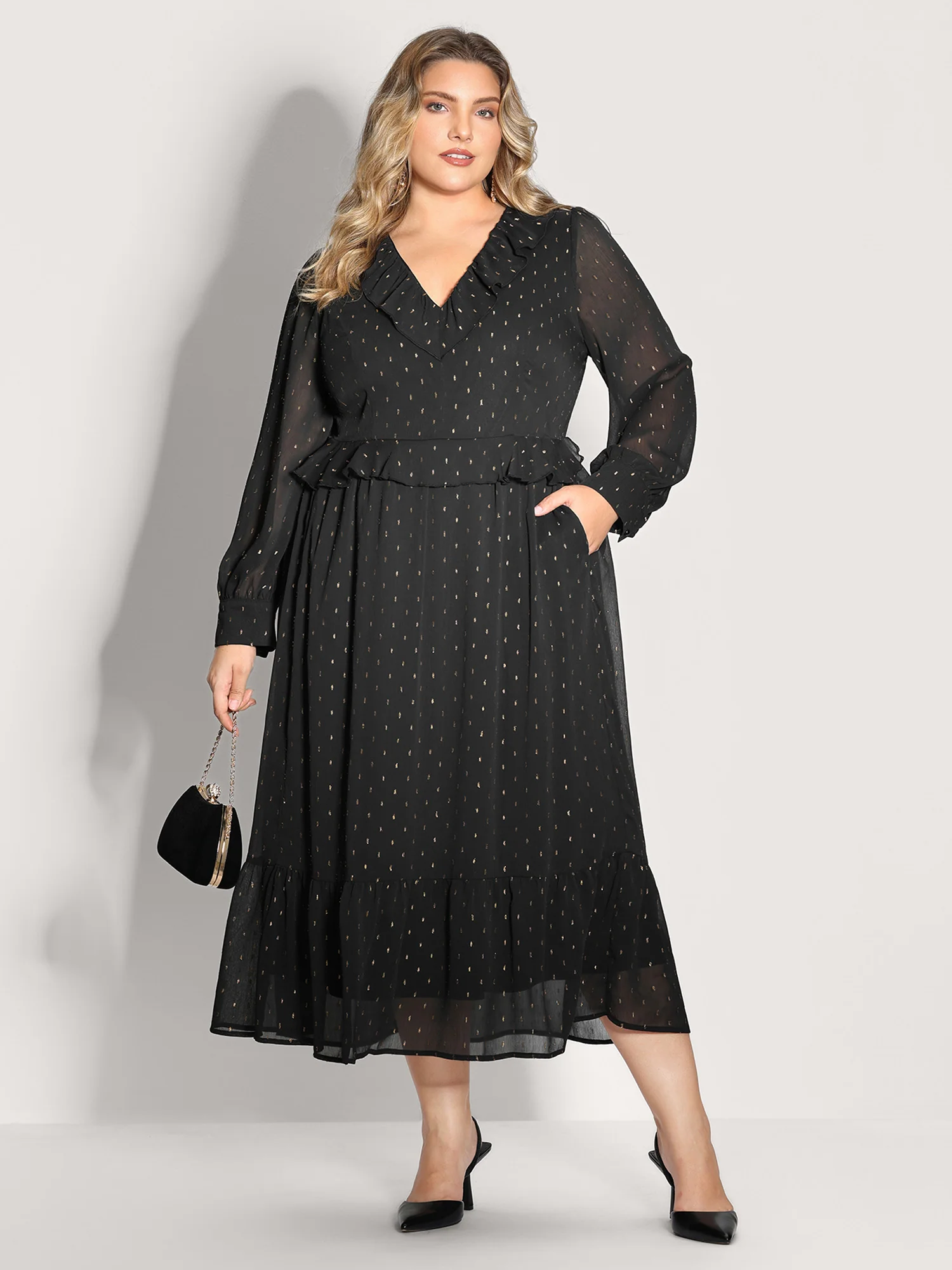 Gold Stamp Ruffled Neck Maxi Dress - Image 4