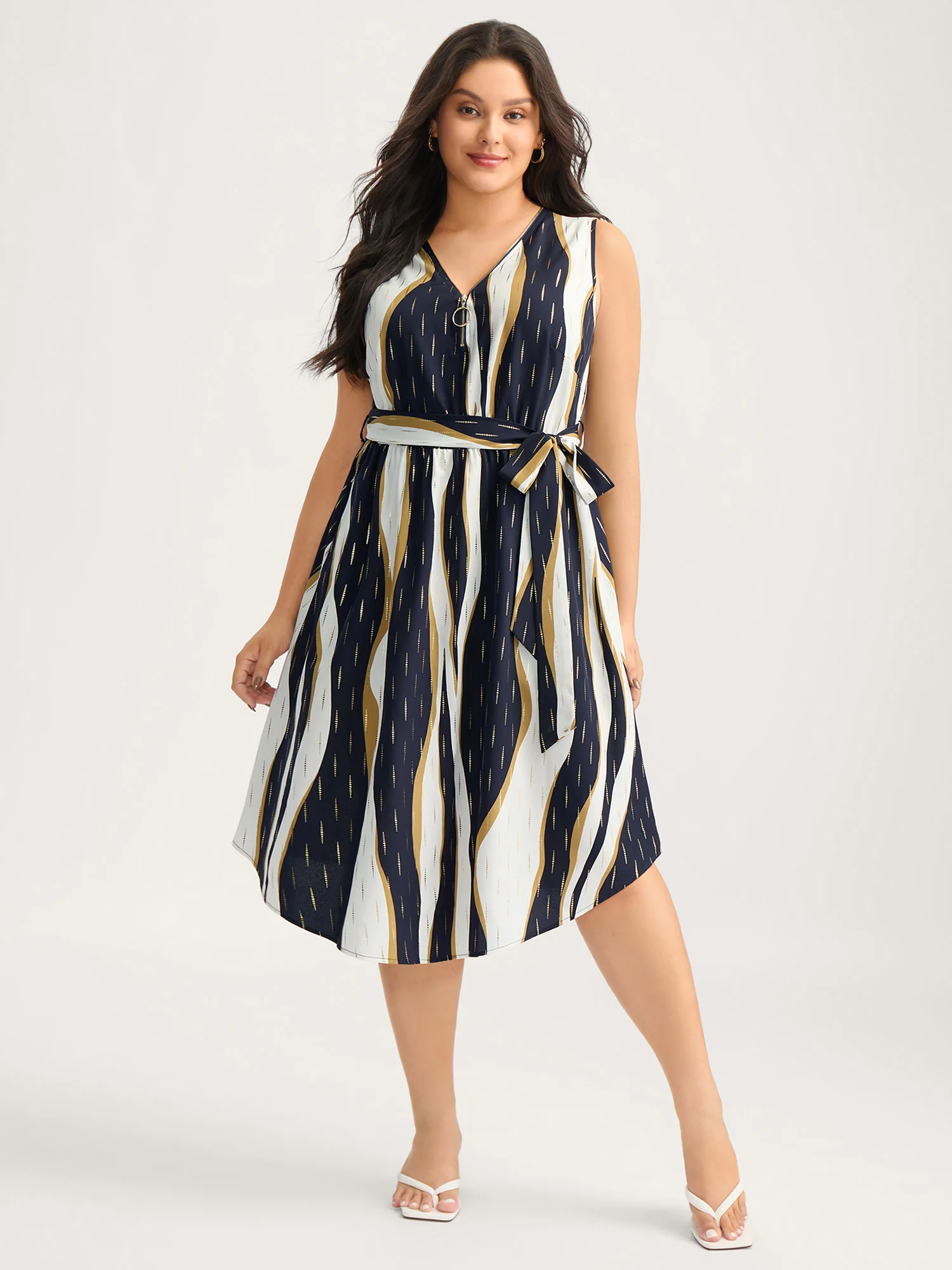 Gold Stamp Wavy Striped Lined Midi Dress - Image 3