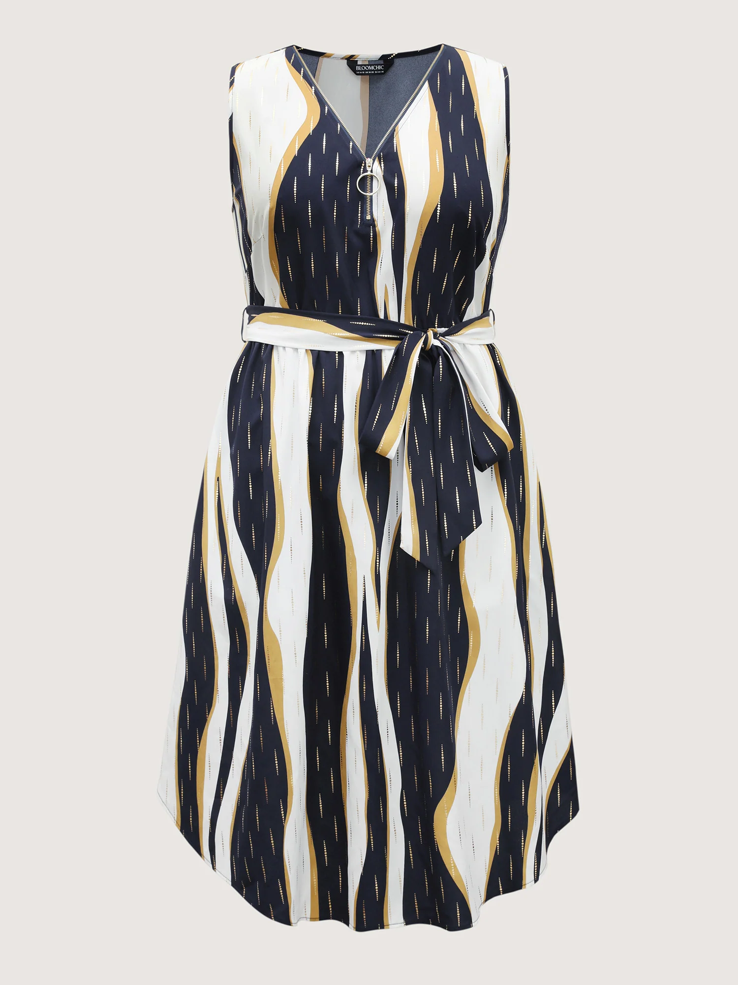 Gold Stamp Wavy Striped Lined Midi Dress - Image 7