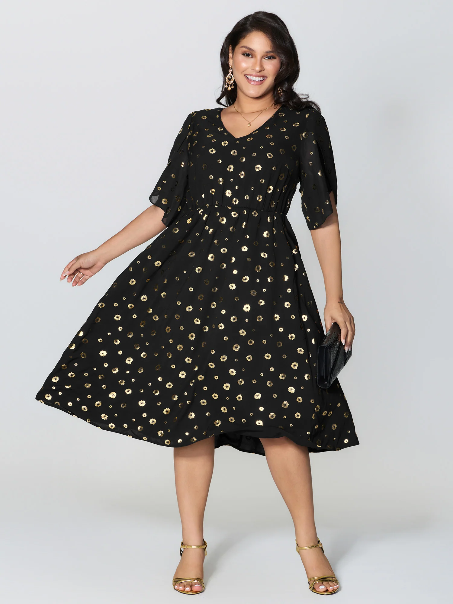 Gold Stamped Bud Sleeve Midi Dress - Image 3