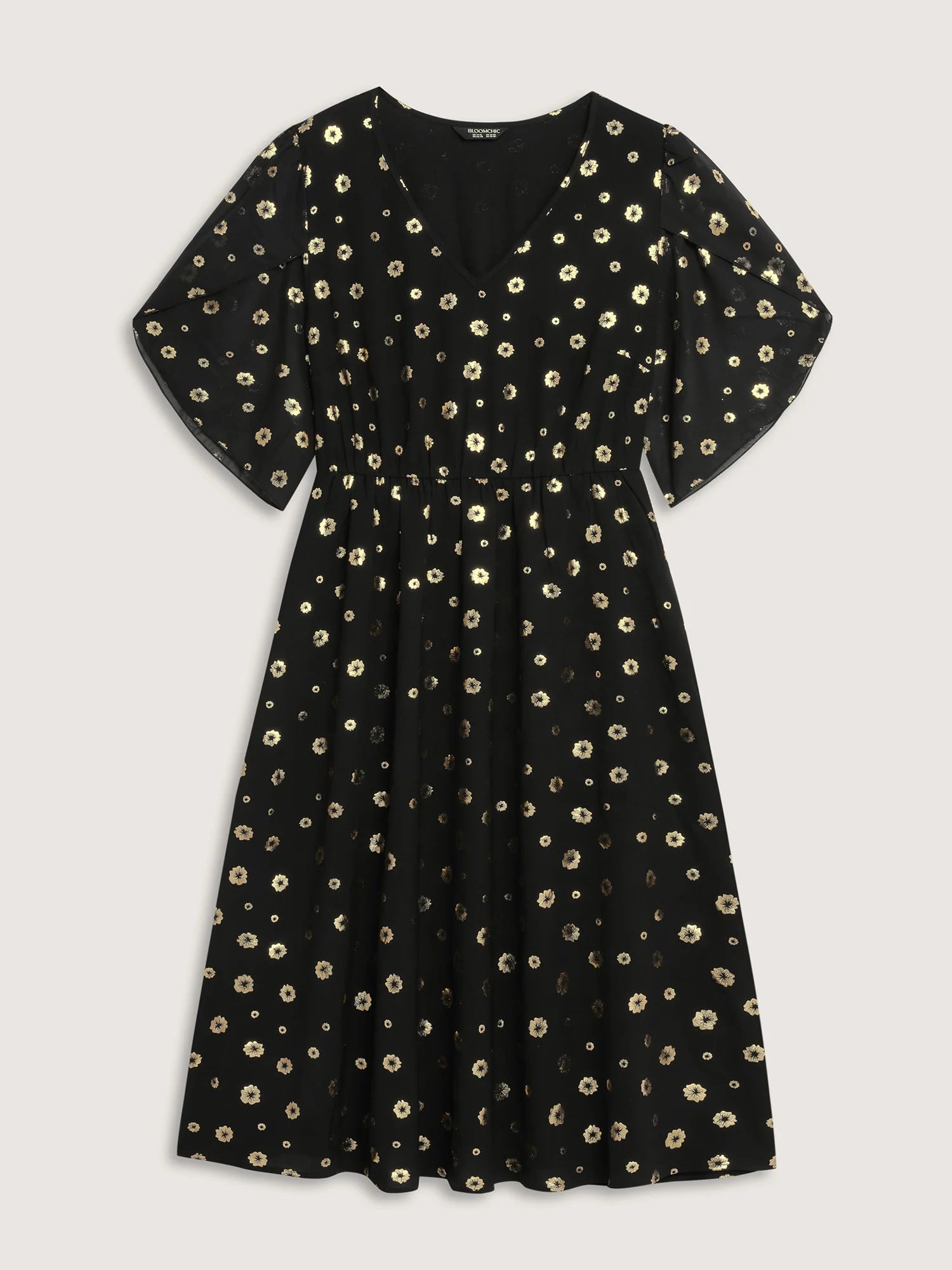 Gold Stamped Bud Sleeve Midi Dress - Image 7