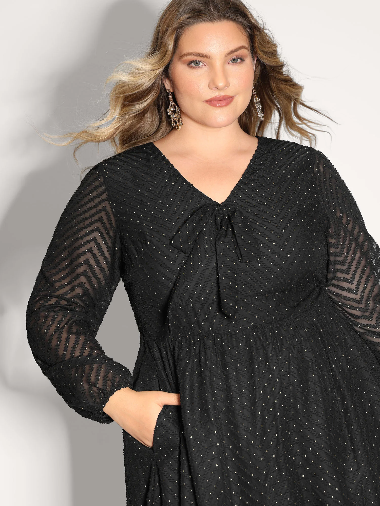 Gold Stamped Chiffon Shirred Waist Midi Dress - Image 2