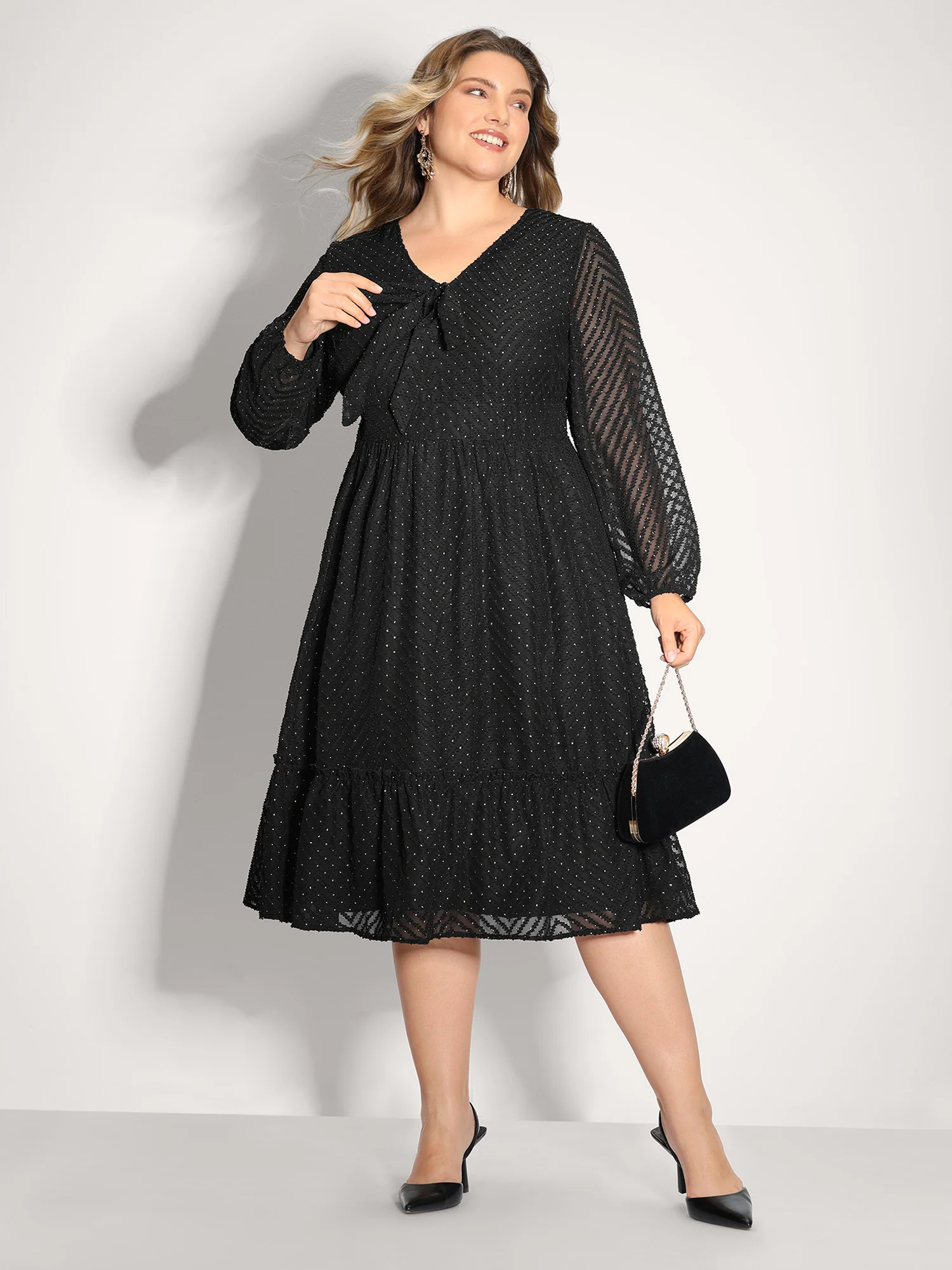 Gold Stamped Chiffon Shirred Waist Midi Dress - Image 3