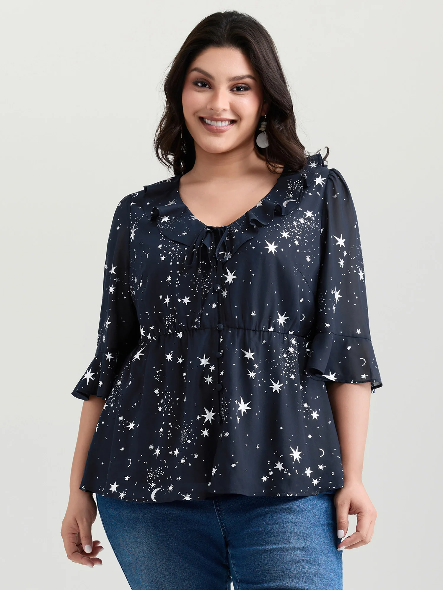 Gold Stamped Floral Print Lotus Leaf Blouse - Image 2