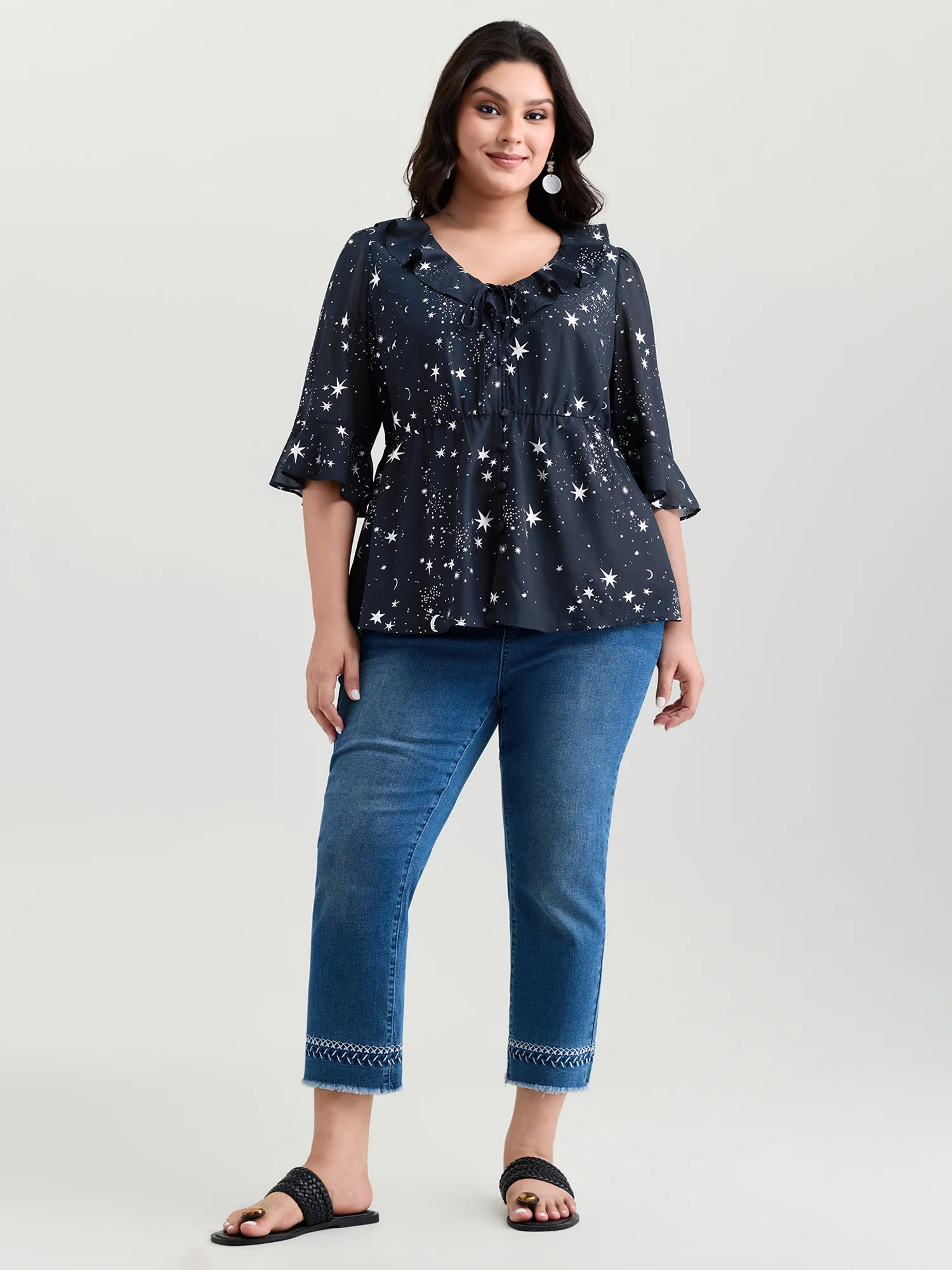 Gold Stamped Floral Print Lotus Leaf Blouse - Image 3