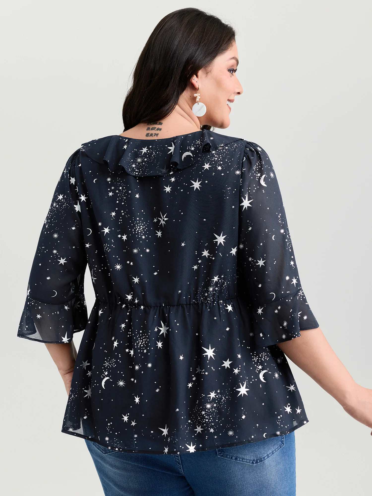 Gold Stamped Floral Print Lotus Leaf Blouse - Image 4