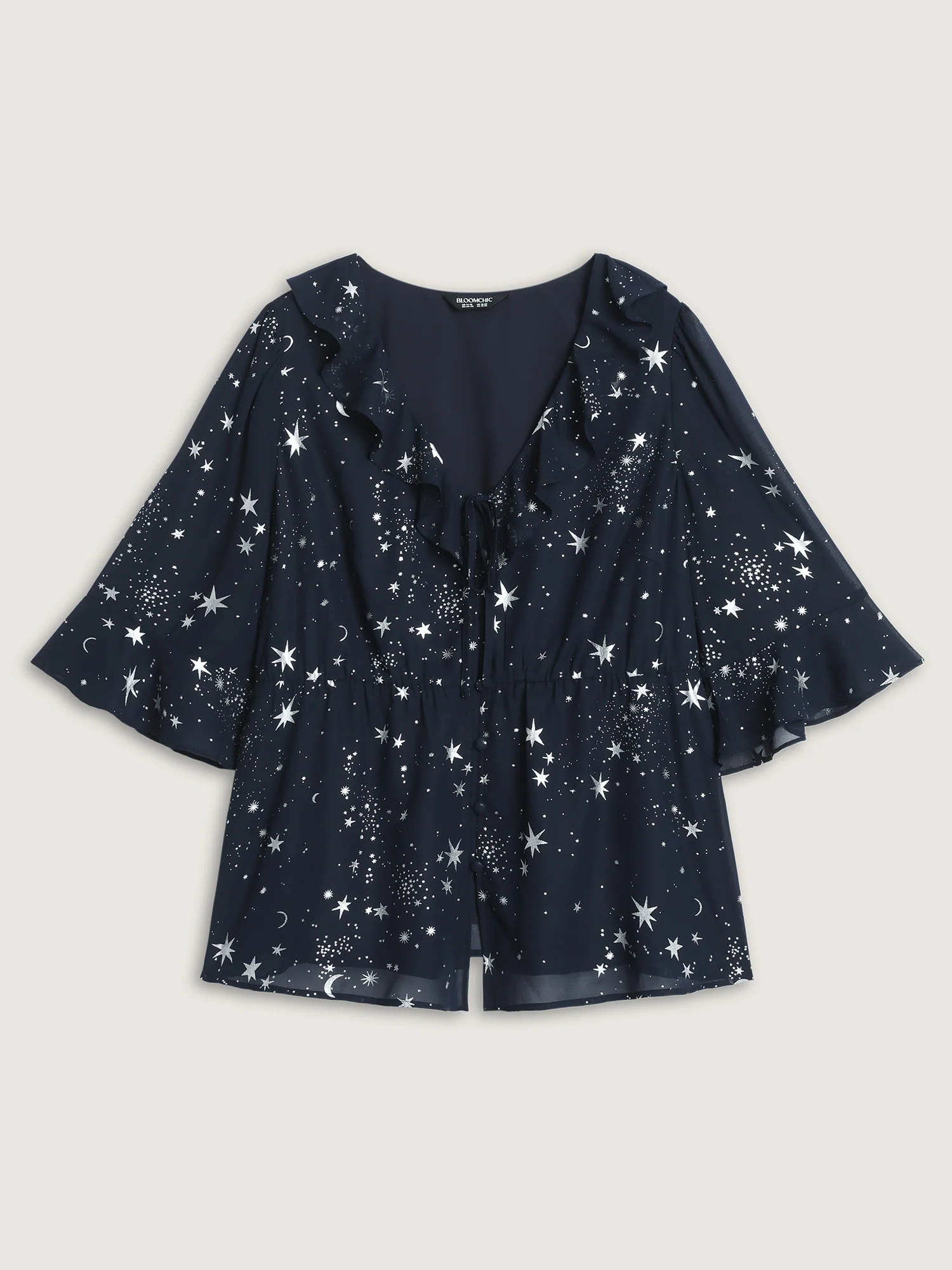 Gold Stamped Floral Print Lotus Leaf Blouse - Image 7