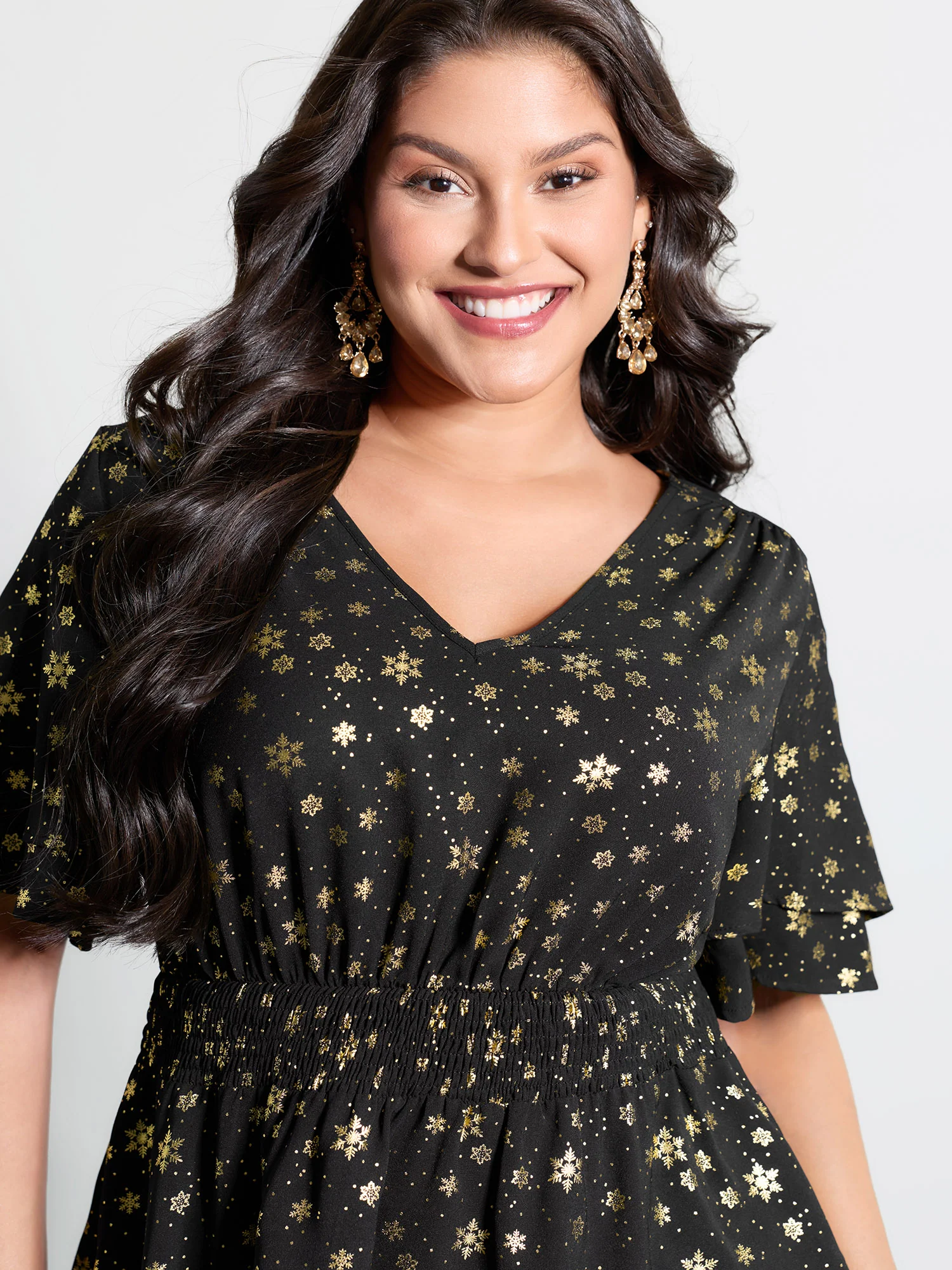 Gold Stamped Layered Ruffled Sleeve Blouse - Image 2