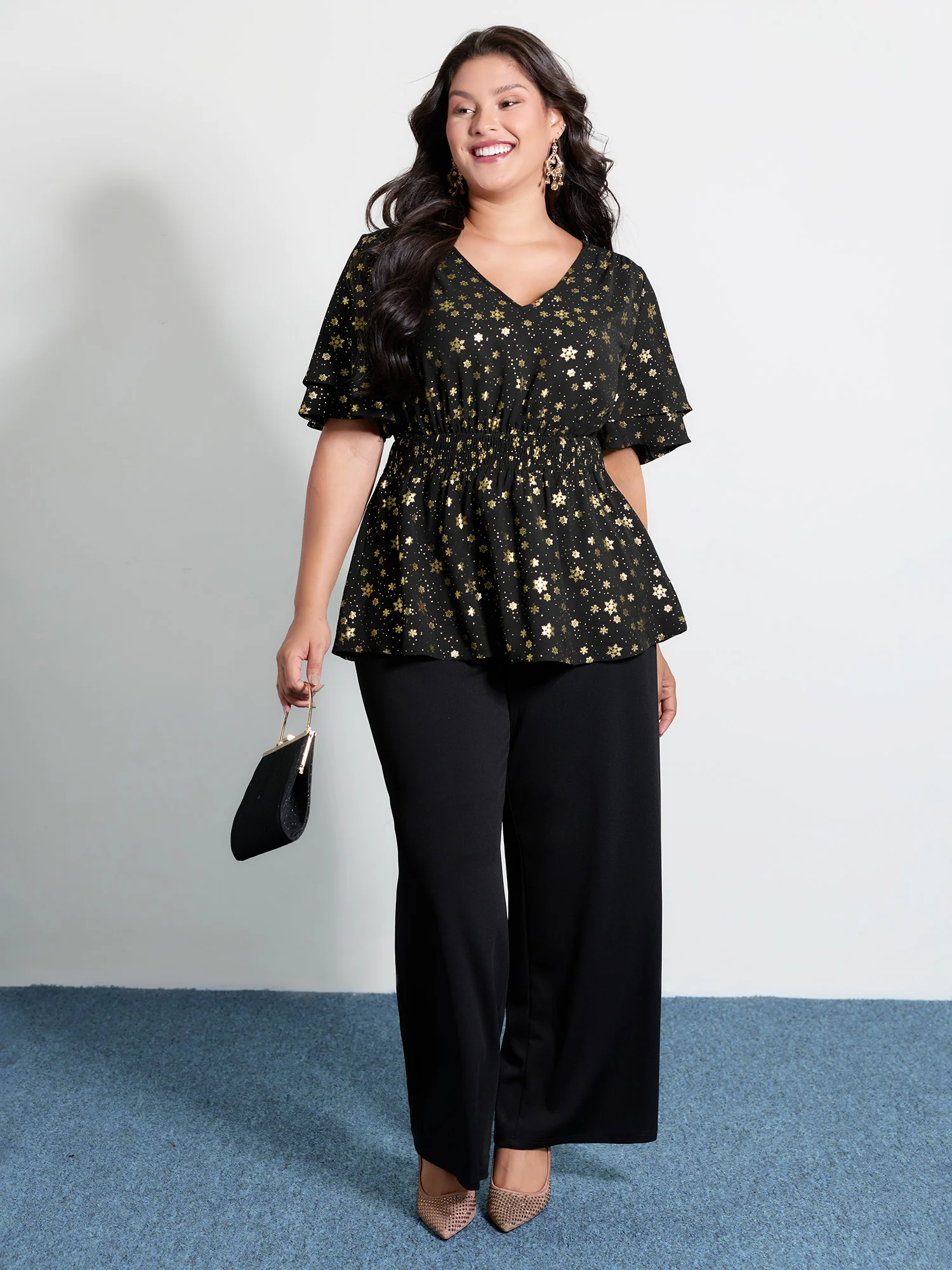 Gold Stamped Layered Ruffled Sleeve Blouse - Image 3