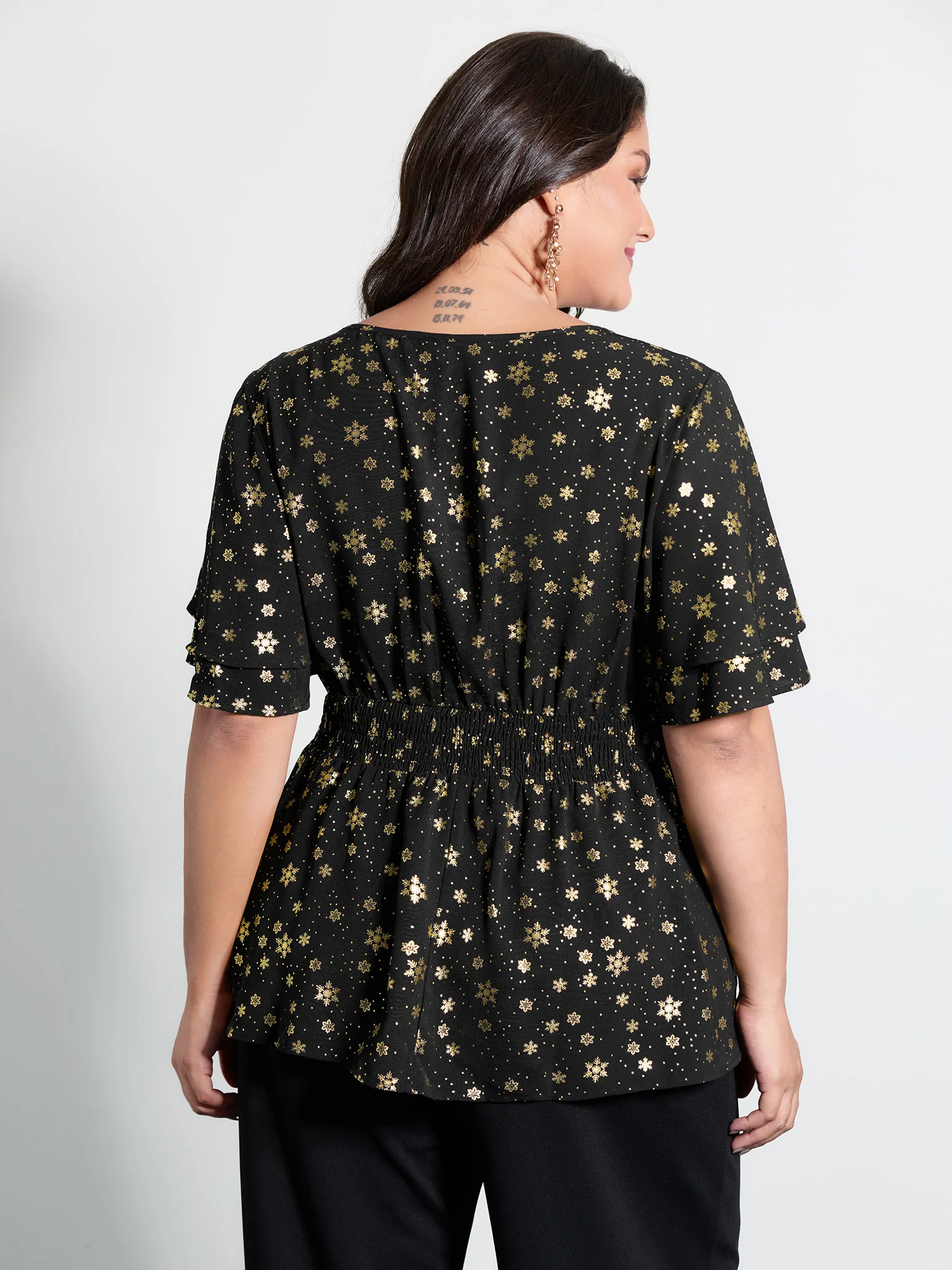 Gold Stamped Layered Ruffled Sleeve Blouse - Image 4