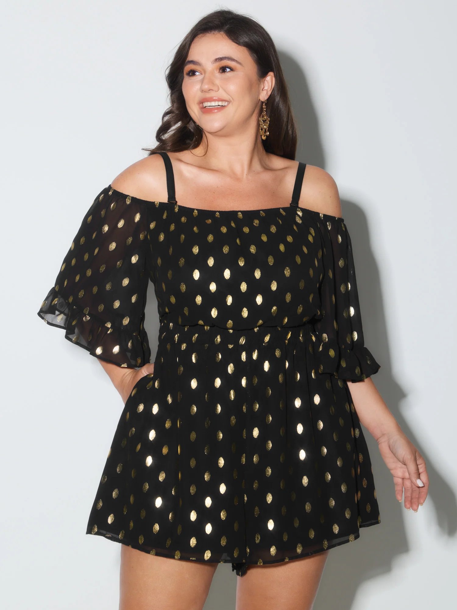 Gold Stamped Polka Dots Off-Shoulder Romper - Image 3