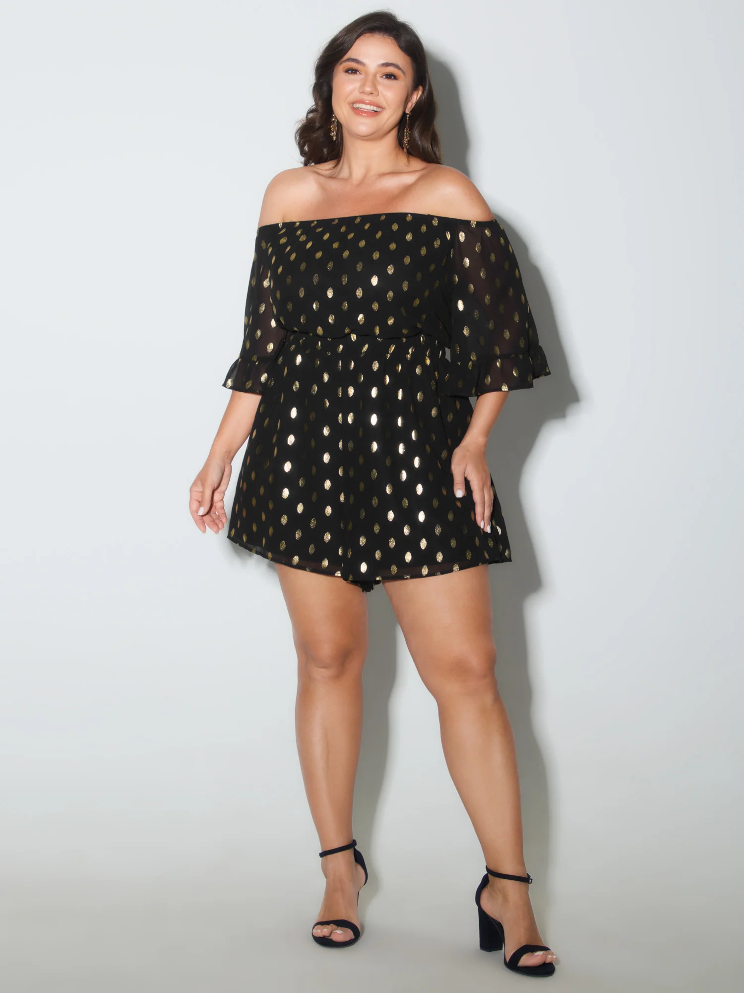 Gold Stamped Polka Dots Off-Shoulder Romper - Image 4