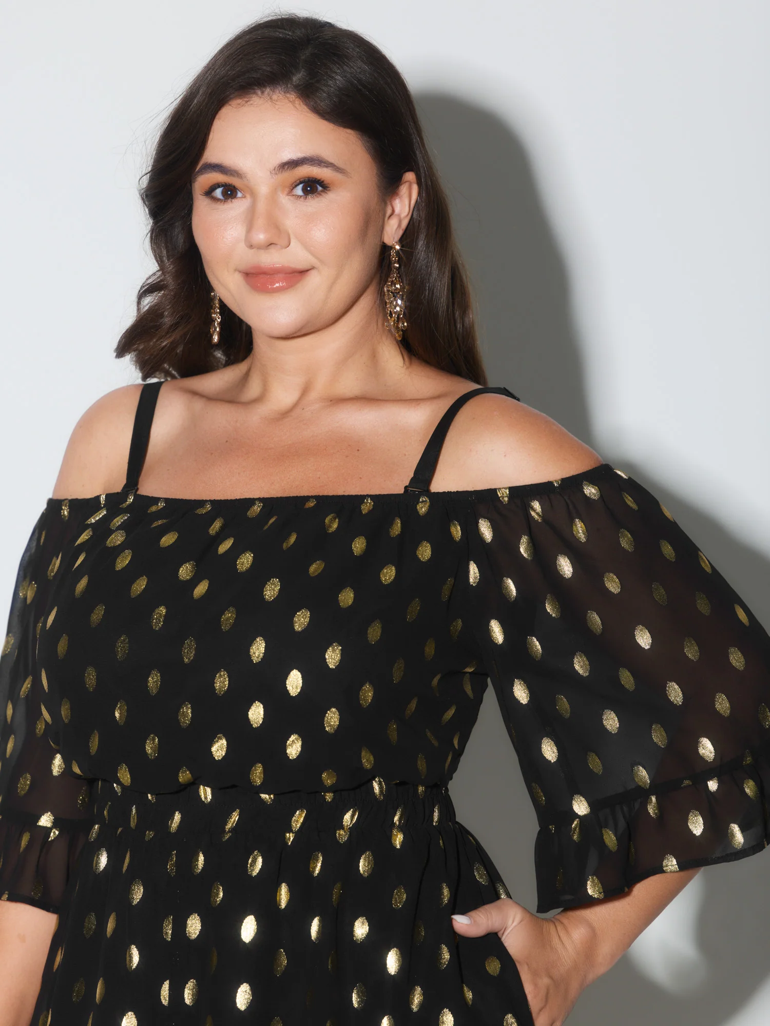 Gold Stamped Polka Dots Off-Shoulder Romper - Image 5
