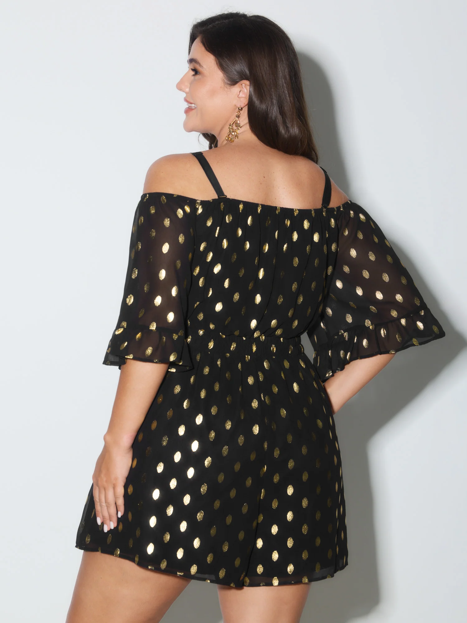 Gold Stamped Polka Dots Off-Shoulder Romper - Image 6