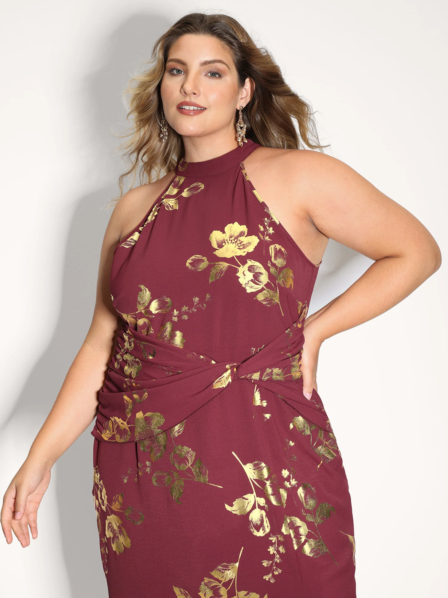 Gold Stamped Rose Twist Waist Midi Dress - Image 2