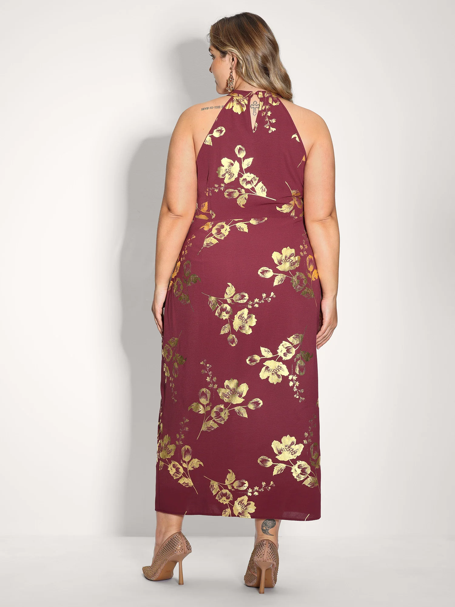 Gold Stamped Rose Twist Waist Midi Dress - Image 4