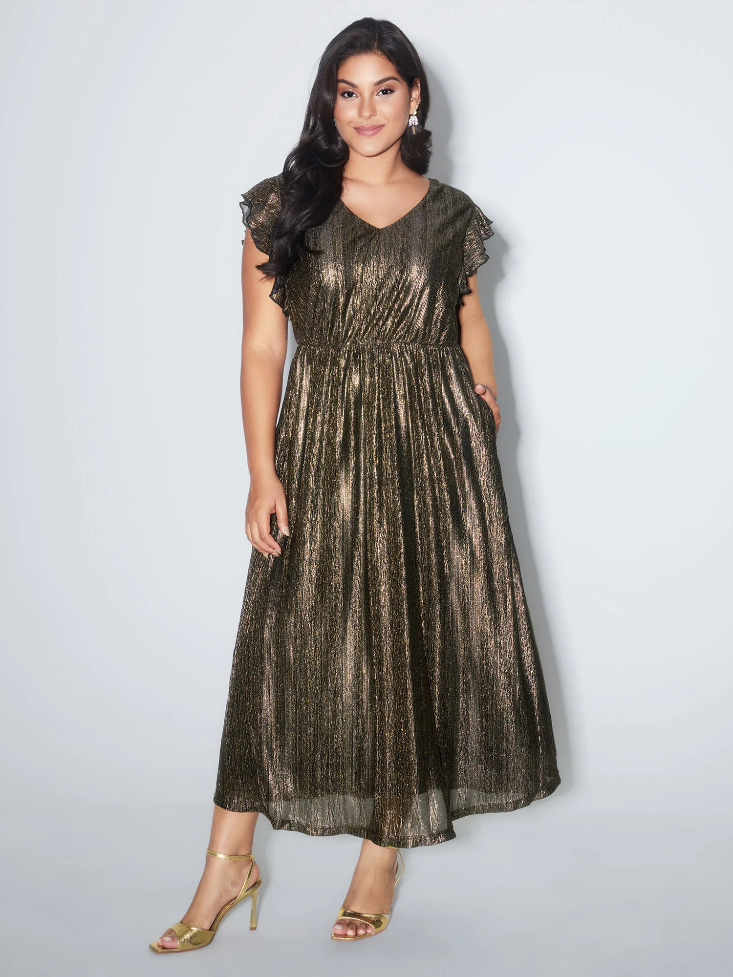 Gold Stamped Ruffled Sleeve Maxi Dress - Image 3