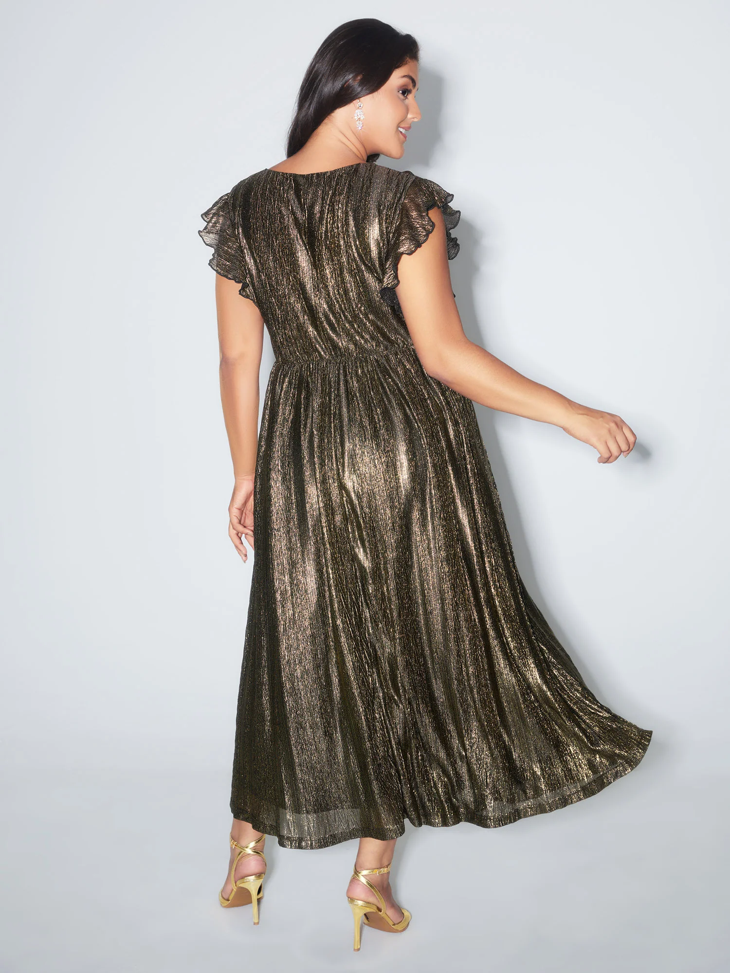 Gold Stamped Ruffled Sleeve Maxi Dress - Image 4