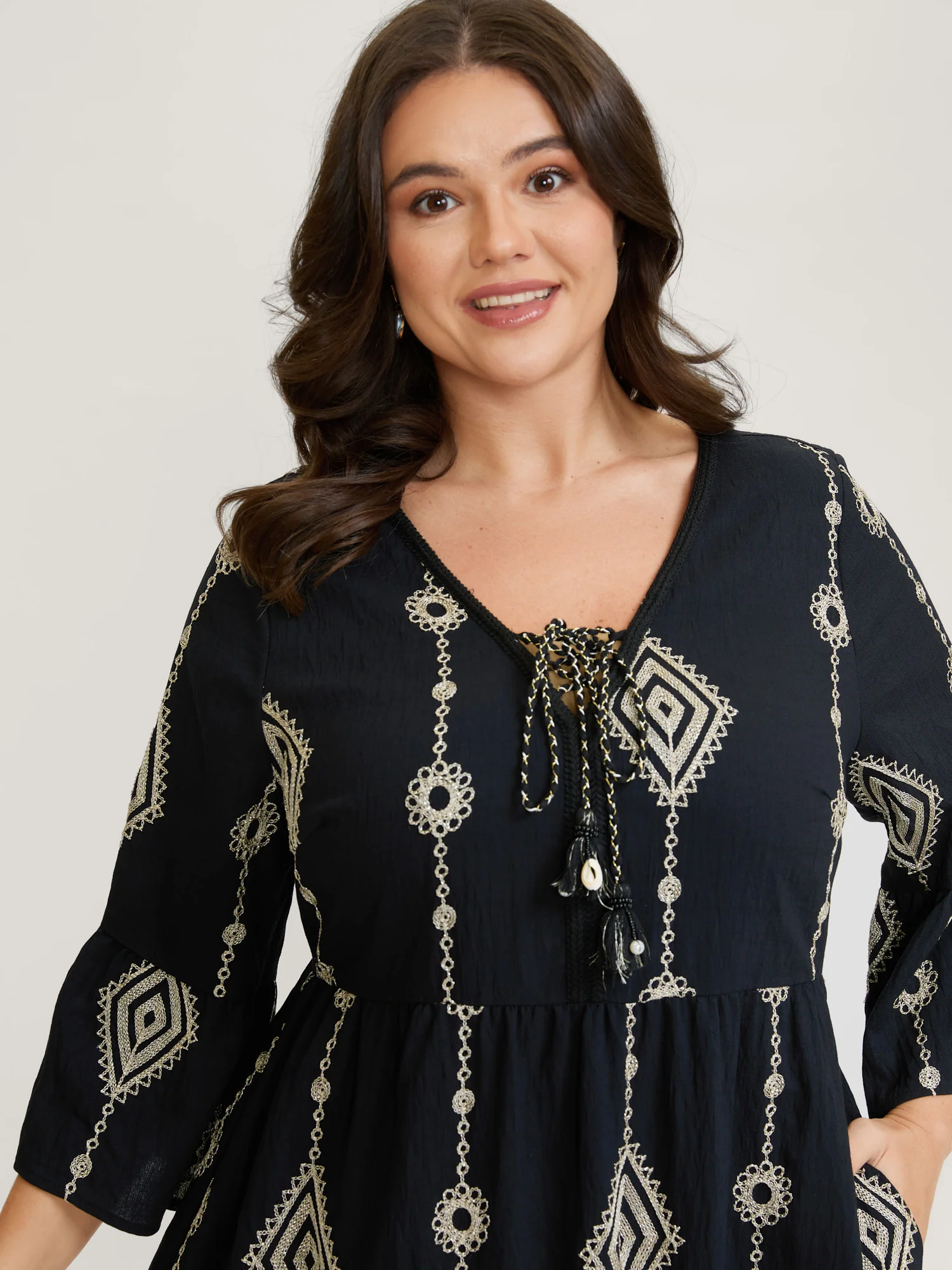 Gold Thread Embroidery Flared Sleeve Midi Dress - Image 2