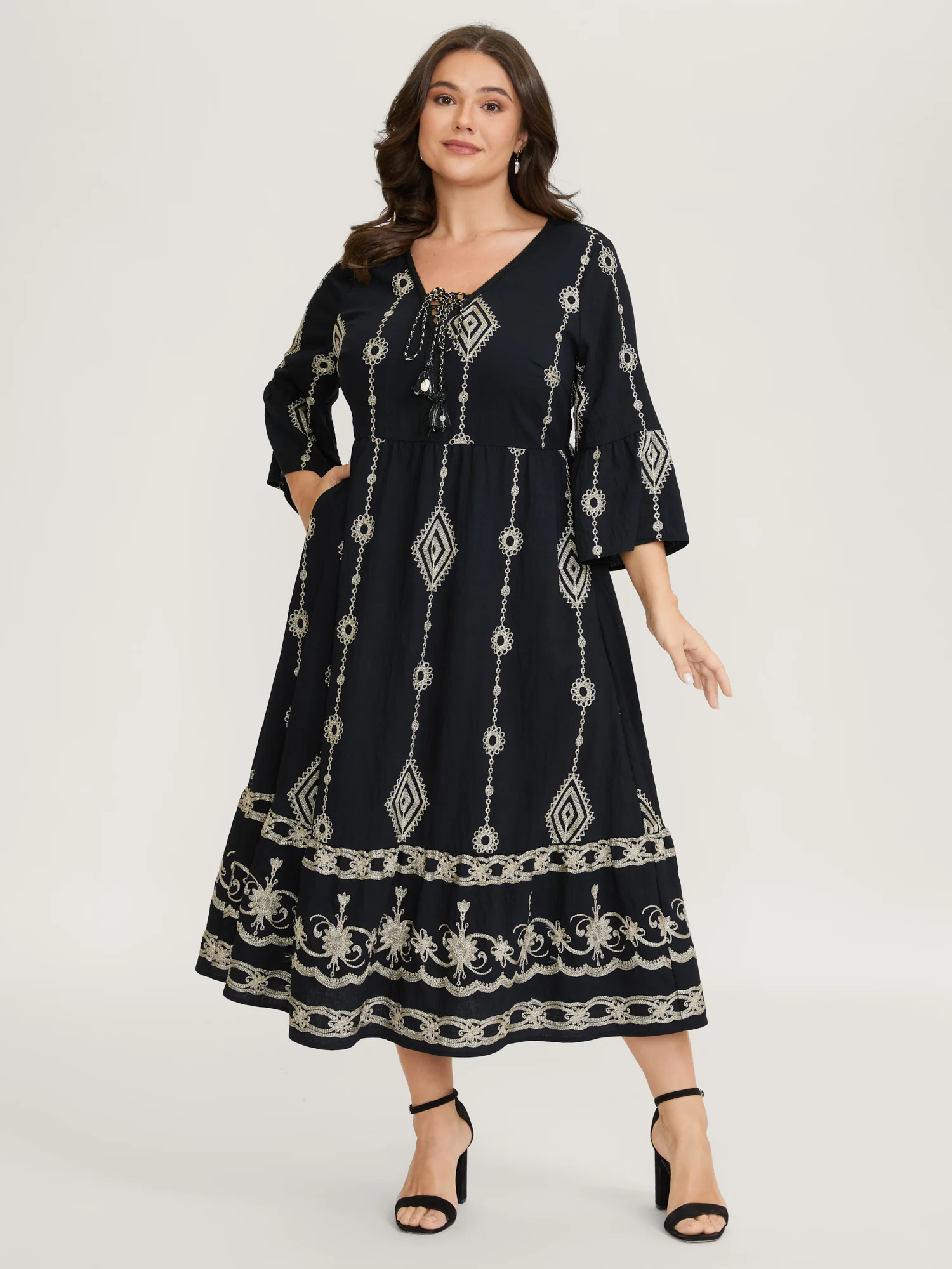 Gold Thread Embroidery Flared Sleeve Midi Dress - Image 3