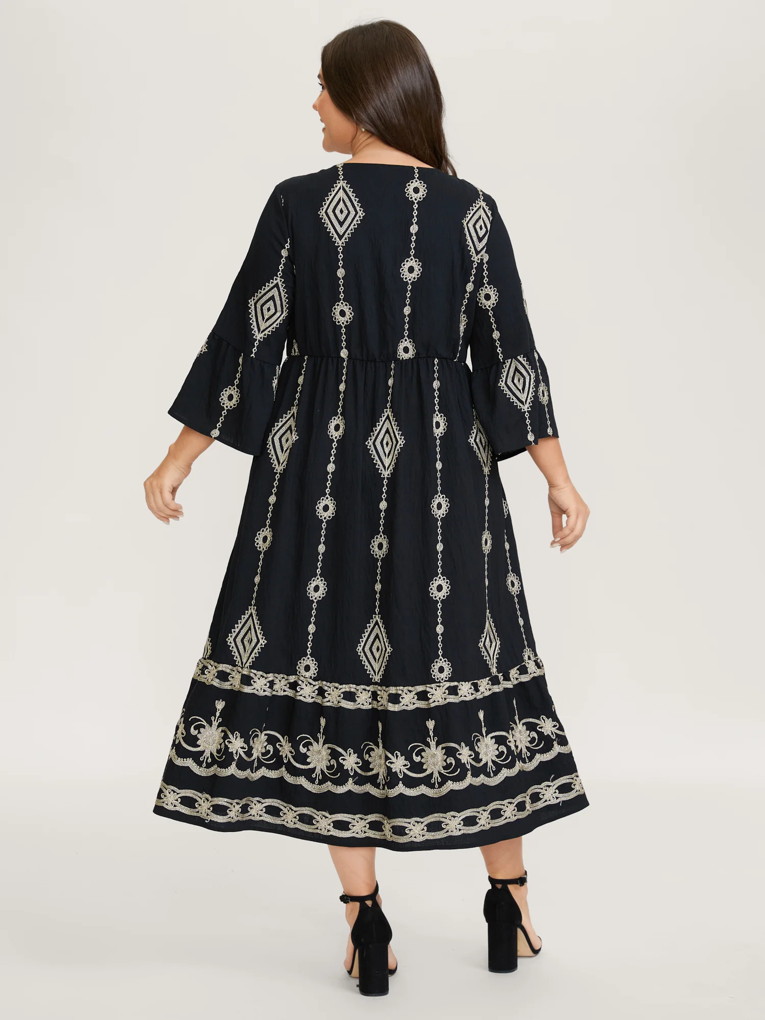 Gold Thread Embroidery Flared Sleeve Midi Dress - Image 4