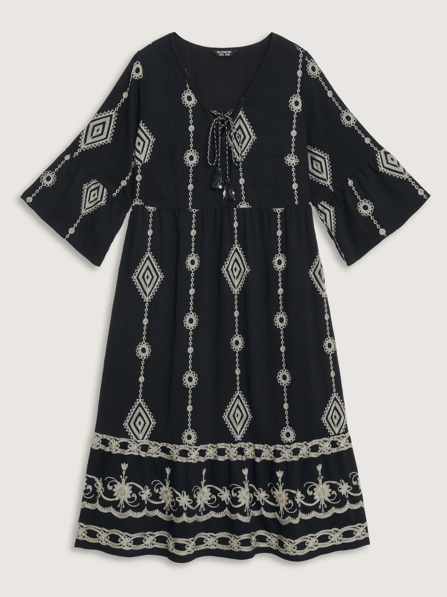 Gold Thread Embroidery Flared Sleeve Midi Dress - Image 7
