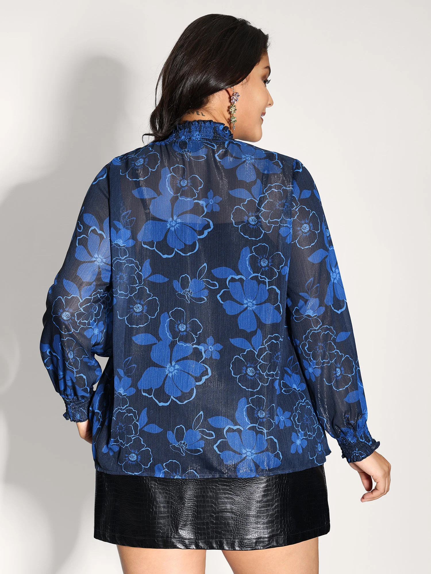 Gold-Threaded Chiffon Floral Print Lined Blouse - Image 5