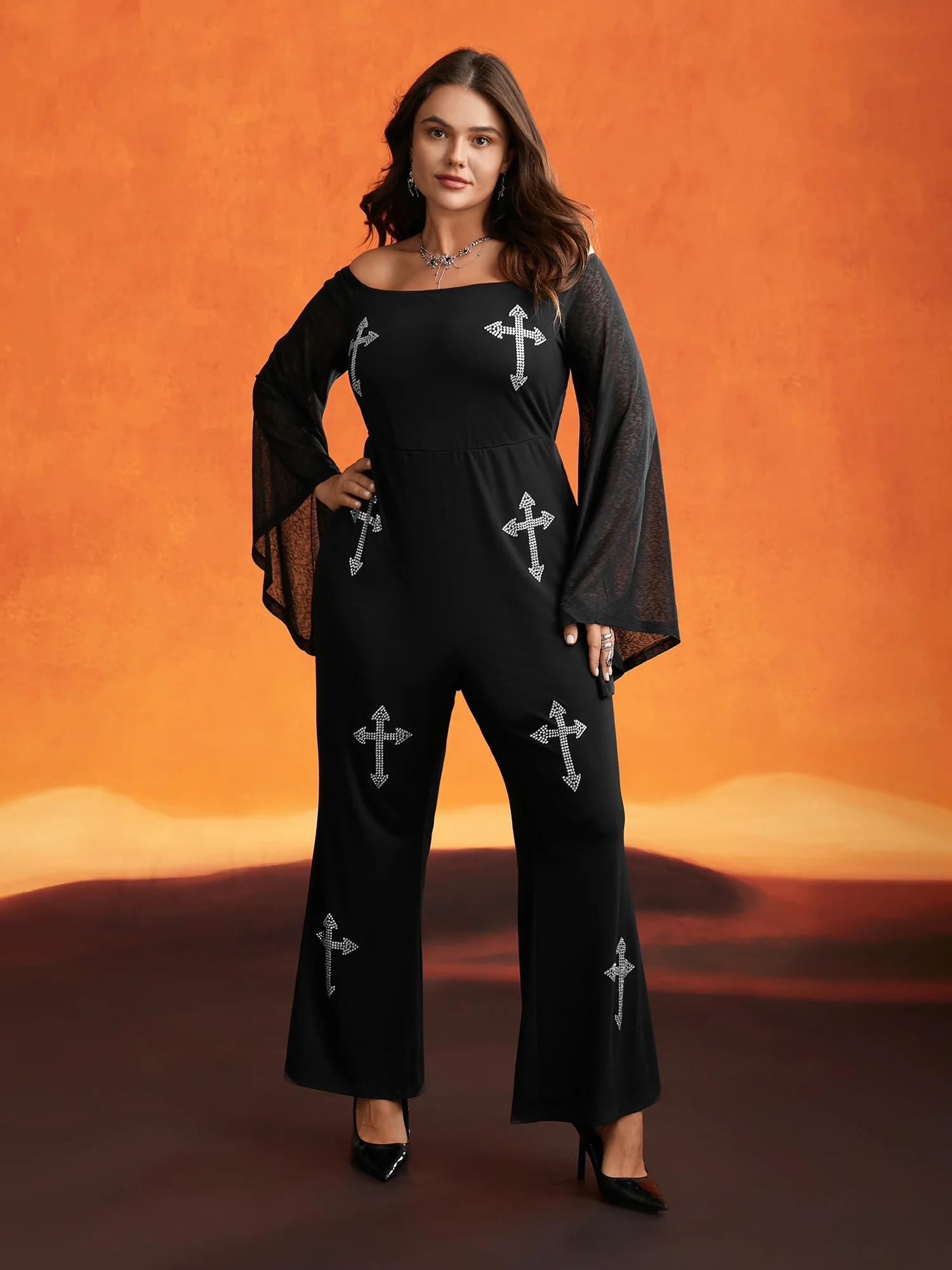 Gothic Glam Off-Shoulder Waist-Cinching Jumpsuit - Image 3