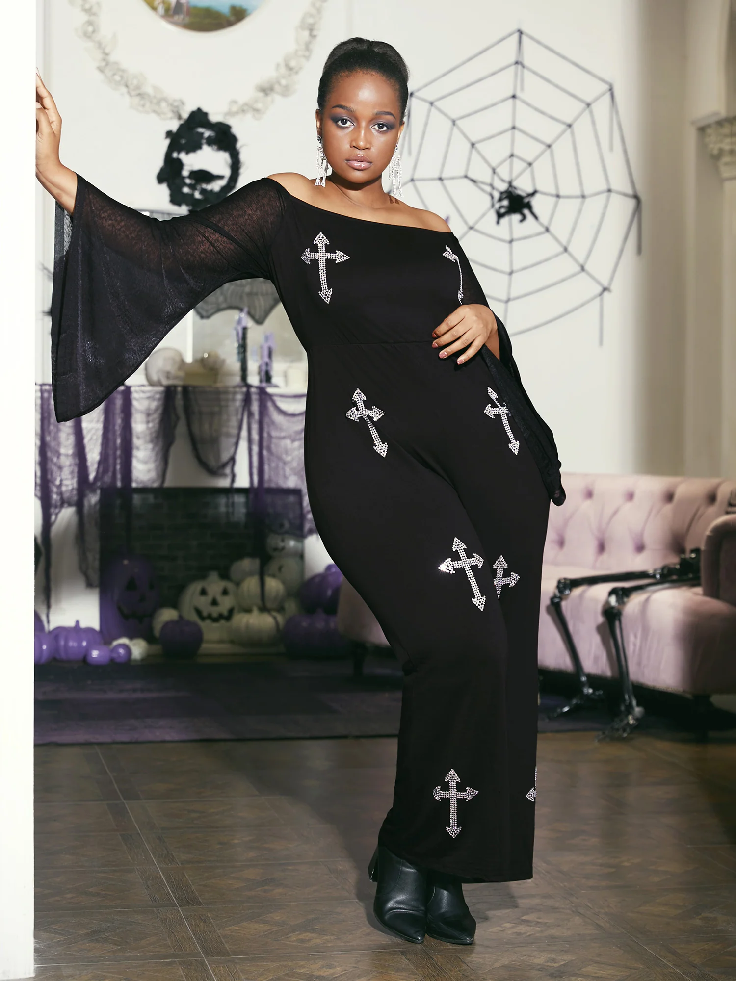 Gothic Glam Off-Shoulder Waist-Cinching Jumpsuit - Image 5